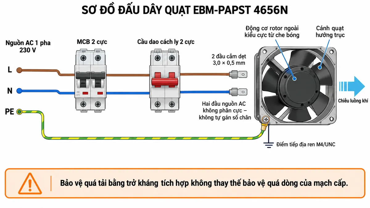 Sơ đồ đấu dây quạt tản nhiệt ebm-papst 4656N trên nền trắng, bố cục ngang và nhãn tiếng Việt. Bên trái thể hiện nguồn AC một pha 230 V gồm L, N và PE; L và N đi qua MCB hai cực hoặc thiết bị bảo vệ quá dòng phù hợp, sau đó qua cầu dao cách ly hai cực. Từ đầu ra cầu dao, hai dây AC nối tới hai đầu cắm dẹt 3,0 × 0,5 mm của quạt 4656N; ghi rõ hai đầu nguồn AC không phân cực và không tự gán số chân. Dây PE đi riêng, không qua MCB hoặc cầu dao, nối trực tiếp tới điểm tiếp địa ren M4/UNC trên khung nhôm đúc. Bên phải thể hiện tải là động cơ rotor ngoài kiểu cực từ che bóng dẫn động cánh quạt hướng trục; phân biệt dây nguồn, dây PE và chiều luồng khí. Ghi chú bảo vệ quá tải bằng trở kháng tích hợp không thay thế bảo vệ quá dòng của mạch cấp.