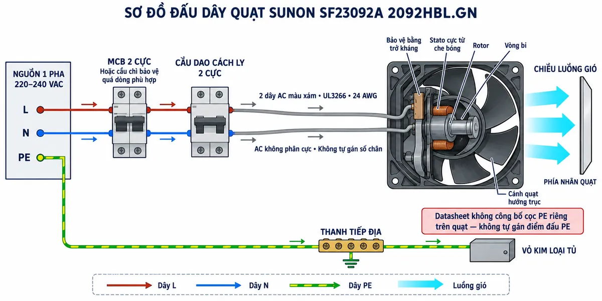 Vẽ sơ đồ đấu dây quạt hút tủ điện SUNON SF23092A 2092HBL.GN trên nền trắng, bố cục ngang và nhãn tiếng Việt. Bên trái thể hiện nguồn một pha 220–240 VAC gồm L, N và PE. Dây L và N đi qua MCB hai cực hoặc cầu chì bảo vệ quá dòng phù hợp, sau đó qua cầu dao cách ly hai cực; đầu ra nối tới hai dây nguồn AC màu xám UL3266 24 AWG của quạt, ghi rõ hai dây AC không phân cực và không tự gán số chân. Bên trong quạt thể hiện tải là động cơ cực từ che bóng có bảo vệ bằng trở kháng, rotor, vòng bi và cánh quạt hướng trục. Dây PE đi riêng tới thanh tiếp địa và vỏ kim loại của tủ; ghi chú datasheet không công bố cọc PE riêng trên quạt nên không tự gán điểm đấu PE. Dùng mũi tên chỉ đường cấp điện và chiều luồng gió về phía nhãn quạt.