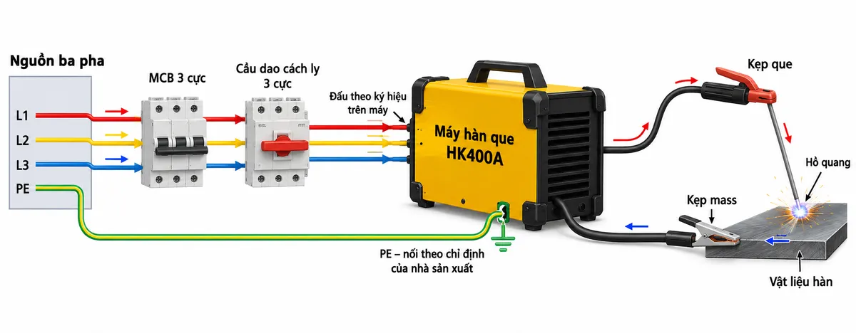 Sơ đồ đấu nối máy hàn que Hồng Ký Master HK400A trên nền trắng, bố cục ngang: bên trái là nguồn ba pha L1, L2, L3 và PE; L1–L2–L3 lần lượt đi qua MCB ba cực và cầu dao cách ly ba cực rồi đến đầu vào nguồn của máy, ghi “đấu theo ký hiệu trên máy”, không ghi số chân. PE đi riêng, nối trực tiếp đến điểm tiếp địa hoặc vỏ máy theo chỉ định của nhà sản xuất. Ở giữa là khối máy hàn HK400A. Bên phải thể hiện hai đường cáp đầu ra theo ký hiệu thực tế trên máy, không tự đặt tên hoặc đánh số cực: một đường tới kẹp que cầm tay, một đường tới kẹp mass gắn vào vật liệu hàn; minh họa hồ quang giữa que hàn và vật liệu. Dùng mũi tên phân biệt đường cấp nguồn và đường dòng hàn; không đưa PE qua mạch hàn. Nhãn tiếng Việt, sơ đồ rõ ràng, chính xác, không thêm thông số hoặc đầu nối chưa được hãng công bố.