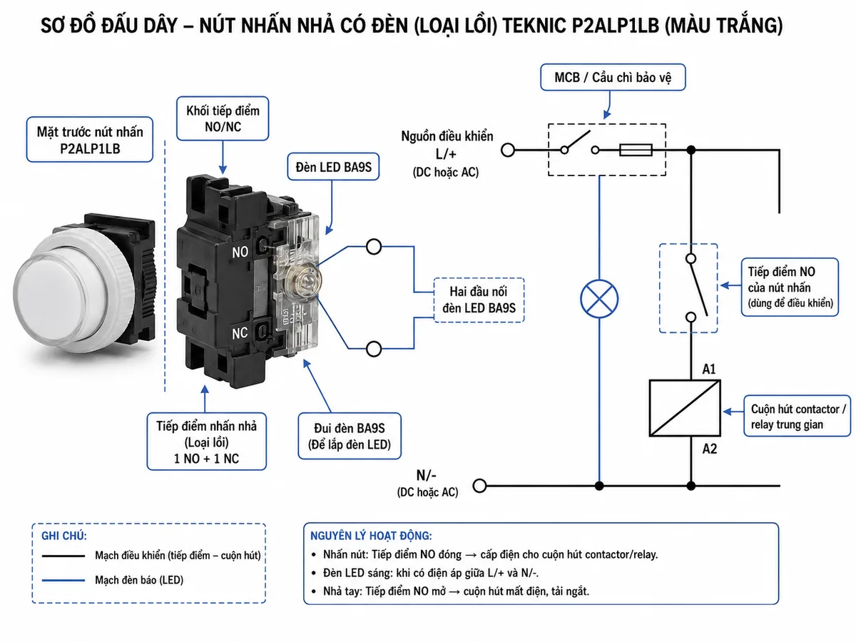 Sơ đồ đấu dây tham khảo cho Nút Nhấn Nhả Có Đèn - Loại Lồi Teknic P2ALP1LB màu trắng; thể hiện mặt trước nút nhấn, khối tiếp điểm NO/NC gắn phía sau, hai cực đèn LED bulb BA9S, nguồn điều khiển L/+ và N/-, MCB hoặc cầu chì bảo vệ, tải điều khiển là cuộn hút contactor hoặc relay trung gian; dùng ký hiệu cực đấu nối dạng tổng quát, không gán số chân cố định nếu không có tài liệu xác nhận.