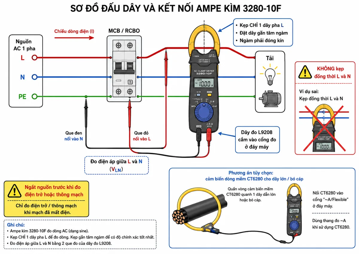 Sơ đồ đấu dây và kết nối Ampe kìm HIOKI 3280-10F trong hệ thống điện một pha, thể hiện nguồn AC gồm L, N và PE đi qua MCB hoặc RCBO đến tải; ngàm kìm 3280-10F chỉ kẹp quanh một dây pha L ở phía tải, dây dẫn nằm giữa tâm ngàm và ngàm đóng kín; ghi chú không kẹp đồng thời L và N; thể hiện dây đo L9208 cắm vào cổng đo ở đáy máy, đầu đen và đầu đỏ kết nối giữa L và N để đo điện áp; bổ sung phương án cảm biến dòng mềm CT6280 quấn quanh dây dẫn lớn hoặc bó cáp; dùng mũi tên chỉ dòng điện, ký hiệu thiết bị bảo vệ và cảnh báo ngắt nguồn trước khi đo điện trở hoặc thông mạch