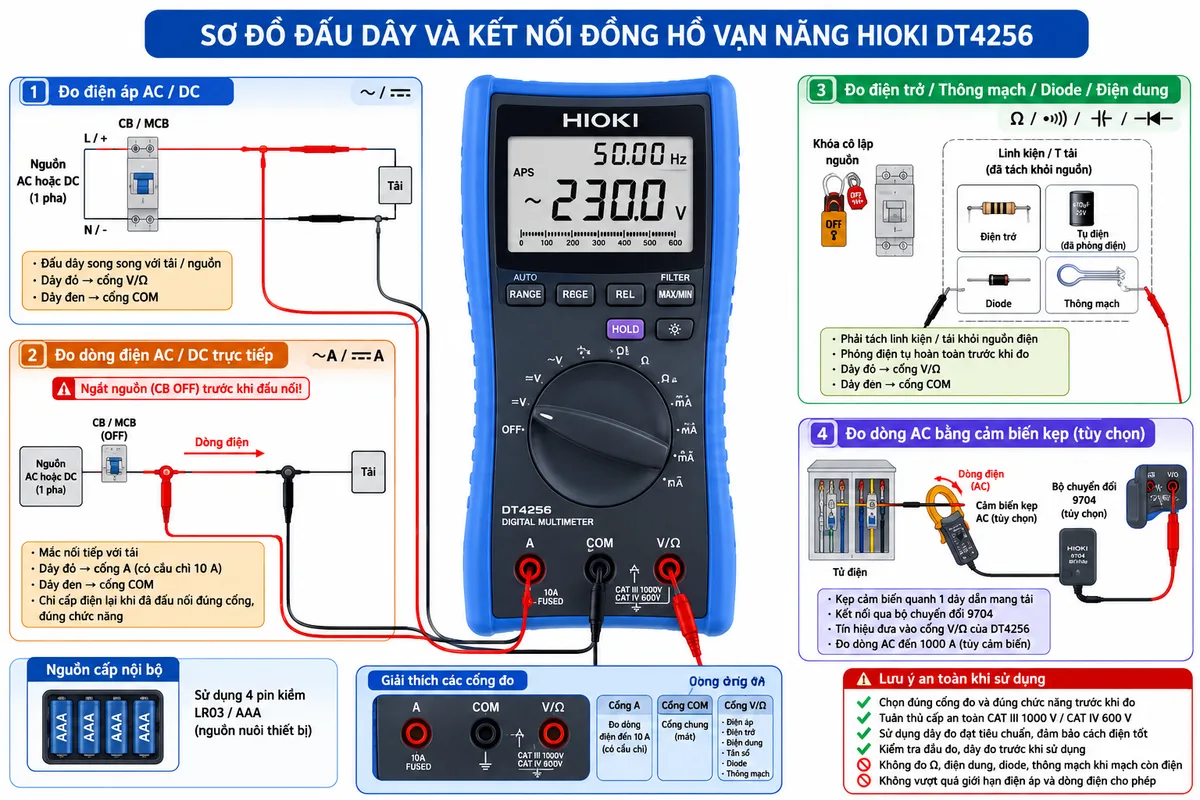 Vẽ sơ đồ đấu dây và kết nối Đồng hồ vạn năng HIOKI DT4256, nền trắng, bố cục ngang, nhãn tiếng Việt, phong cách kỹ thuật điện công nghiệp; thể hiện DT4256 dùng nguồn nội bộ 4 pin LR03/AAA và ba cổng phía trước gồm A có cầu chì 10 A, COM và V/Ω; nhánh đo điện áp thể hiện nguồn AC hoặc DC đi qua CB/MCB bảo vệ đến tải, dây đen từ COM và dây đỏ từ V/Ω mắc song song hai đầu tải; nhánh đo dòng trực tiếp thể hiện CB ở trạng thái OFF khi đấu nối, sau đó cổng A và COM của đồng hồ được mắc nối tiếp giữa nguồn và tải; nhánh đo điện trở, thông mạch, diode và điện dung thể hiện tải hoặc linh kiện đã tách khỏi nguồn, khóa cô lập và tụ điện đã phóng điện; vẽ thêm nhánh tùy chọn cảm biến kẹp dòng AC bao quanh một dây dẫn, đi qua bộ chuyển đổi 9704 rồi vào cổng V/Ω; dùng mũi tên chỉ luồng dòng điện và ghi cảnh báo chọn đúng cổng đo, đúng chức năng, không đo Ω hoặc điện dung khi mạch còn điện.