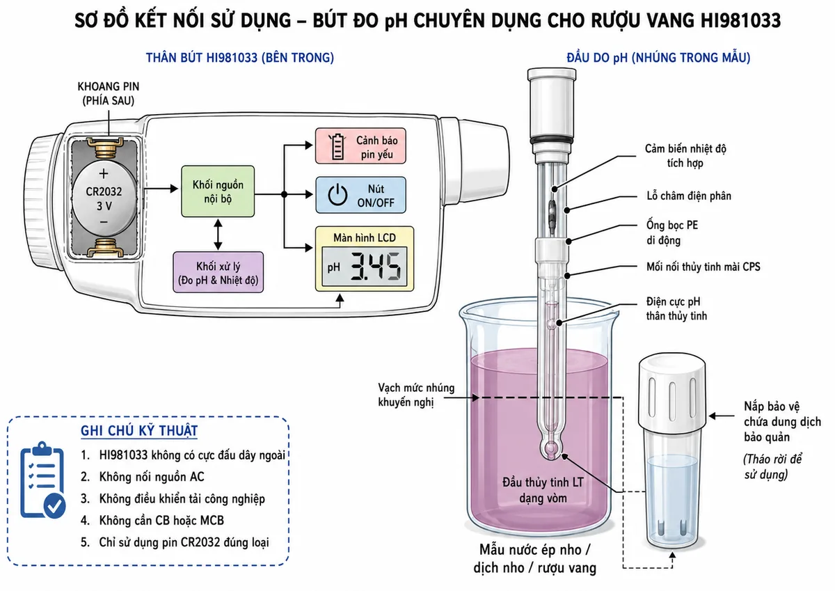 Vẽ sơ đồ kết nối sử dụng Bút đo pH chuyên dụng cho rượu vang Hanna HI981033, nền trắng, bố cục ngang và nhãn tiếng Việt. Thể hiện pin CR2032 3 V với cực dương và cực âm tiếp xúc khoang pin phía sau, khối nguồn nội bộ, cảnh báo pin yếu, nút ON/OFF và màn hình LCD là các tải điện bên trong. Phần đầu đo gồm điện cực pH thân thủy tinh, đầu thủy tinh LT dạng vòm, mối nối thủy tinh mài CPS, ống bọc PE di động, lỗ châm điện phân và cảm biến nhiệt độ tích hợp; đầu dò được nhúng đúng vạch khuyến nghị trong cốc mẫu nước ép nho, dịch nho hoặc rượu vang. Vẽ thêm nắp bảo vệ chứa dung dịch bảo quản. Ghi chú rõ HI981033 không có cực đấu dây ngoài, không nối nguồn AC, không điều khiển tải công nghiệp, không cần CB hoặc MCB và chỉ sử dụng pin CR2032 đúng loại.