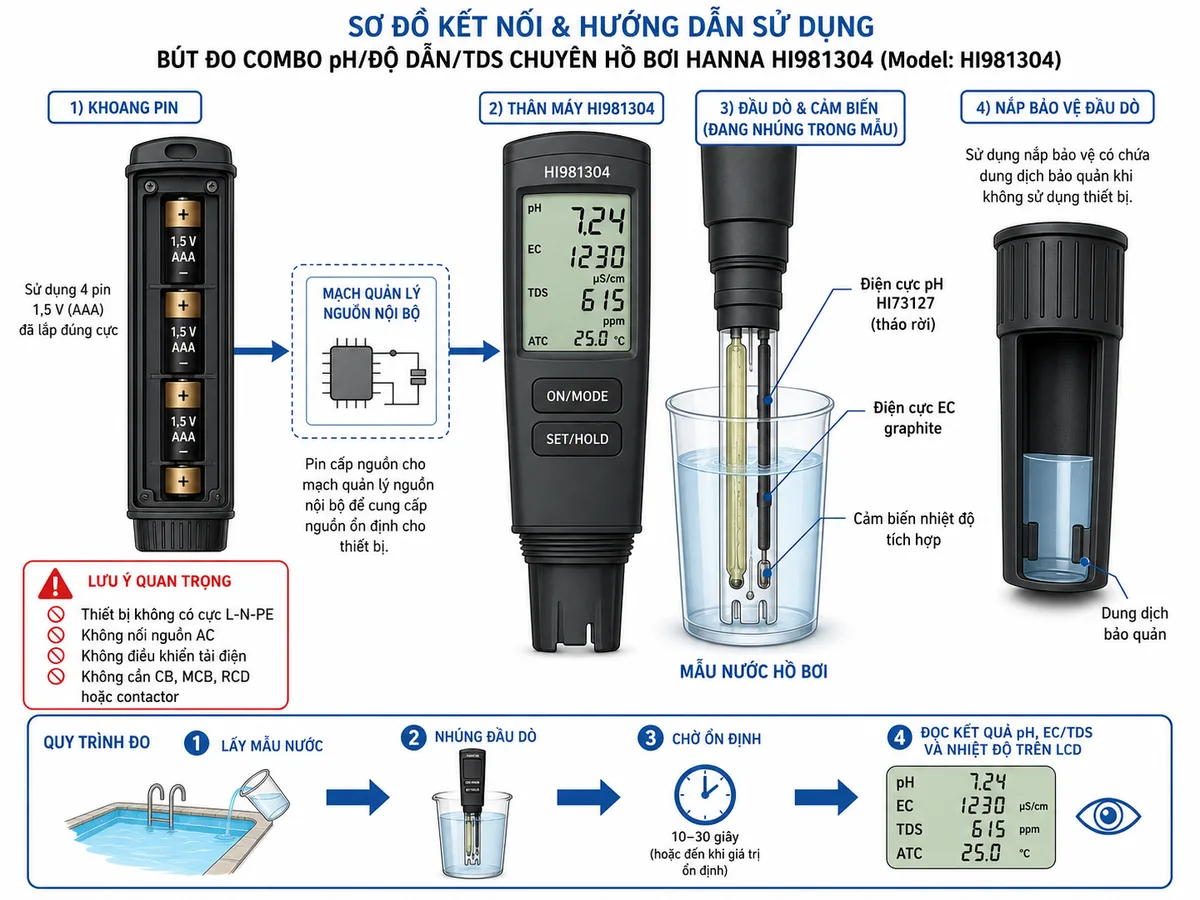 Vẽ sơ đồ kết nối sử dụng Bút Đo Combo pH/Độ Dẫn/TDS Chuyên hồ bơi Hanna HI981304, nền trắng, bố cục ngang và nhãn tiếng Việt; thể hiện khoang pin gồm 4 pin 1,5 V lắp đúng cực dương và cực âm, cấp nguồn qua mạch quản lý nguồn nội bộ tới thân bút; thân máy có màn hình LCD, nút ON/MODE và SET/HOLD; cụm đầu đo được nhúng vào cốc mẫu nước hồ bơi, gồm điện cực pH HI73127 tháo rời, điện cực EC graphite và cảm biến nhiệt độ tích hợp; thể hiện nắp bảo vệ đầu dò có dung dịch bảo quản khi không sử dụng; ghi chú rõ thiết bị không có cực L-N-PE, không nối nguồn AC, không điều khiển tải điện và không cần CB, MCB, RCD hoặc contactor; mũi tên biểu diễn quá trình lấy mẫu, nhúng đầu dò, chờ ổn định và đọc kết quả pH, EC/TDS cùng nhiệt độ trên LCD.