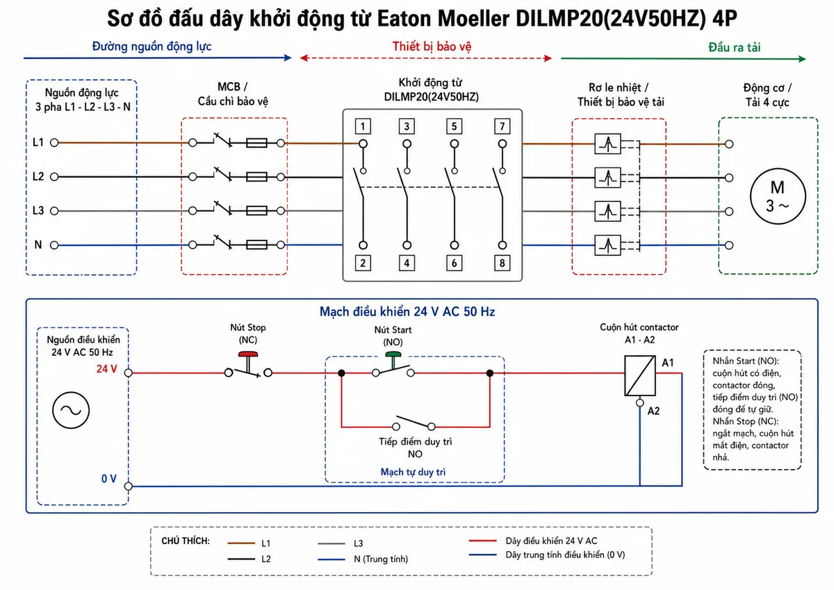 Sơ đồ đấu dây cho Khởi động từ Eaton Moeller 276957 - DILMP20(24V50HZ) 4P; thể hiện nguồn động lực 3 pha L1-L2-L3-N đi qua MCB hoặc cầu chì bảo vệ vào các cực chính 1-3-5-7, đầu ra tải tại 2-4-6-8 đi qua rơ le nhiệt hoặc thiết bị bảo vệ tải đến động cơ/tải 4 cực; thể hiện mạch điều khiển 24 V AC 50 Hz cấp vào cuộn hút A1-A2, nút Stop thường đóng, nút Start thường mở, tiếp điểm duy trì NO, nhãn tiếng Việt cho nguồn động lực, nguồn điều khiển, tải và thiết bị bảo vệ