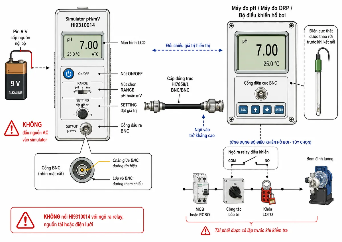 Vẽ sơ đồ đấu dây và kết nối Simulator pH/mV Hanna HI9310014 trên nền trắng, bố cục ngang, nhãn hoàn toàn bằng tiếng Việt. Bên trái thể hiện pin 9 V cấp nguồn nội bộ cho HI9310014, ghi rõ không đấu nguồn AC vào simulator. Trên thiết bị thể hiện màn hình LCD, nút ON/OFF, nút chọn RANGE pH hoặc mV, bộ phận SETTING đặt giá trị và cổng đầu ra BNC; chú thích chân giữa BNC là đường tín hiệu và lớp vỏ BNC là đường tham chiếu. Từ cổng BNC nối bằng cáp đồng trục HI7858/1 BNC/BNC tới cổng điện cực BNC của máy đo pH, máy đo ORP hoặc bộ điều khiển hồ bơi; điện cực thật được tháo rời trước khi kết nối. Vẽ mũi tên tín hiệu mô phỏng từ HI9310014 sang ngõ vào trở kháng cao của thiết bị cần kiểm tra và hai màn hình để đối chiếu giá trị. Nếu thiết bị cần kiểm tra là bộ điều khiển nối với bơm định lượng, thể hiện ngõ ra relay tới bơm là tải phải được cô lập bằng MCB hoặc RCBO, công tắc bảo trì và khóa LOTO; ghi chú không nối HI9310014 với ngõ ra relay, nguồn tải hoặc điện lưới.