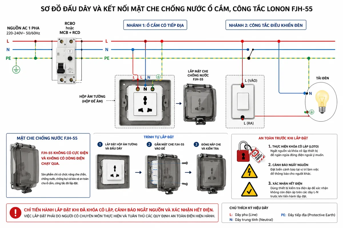 Sơ đồ đấu dây và kết nối Mặt che chống nước ổ cắm, công tắc LONON FJH-55 trên nền trắng, bố cục ngang; thể hiện nguồn AC một pha gồm L, N, PE đi qua RCBO hoặc MCB kết hợp RCD; nhánh thứ nhất đấu L-N-PE vào ổ cắm có tiếp địa, nhánh thứ hai đấu dây L qua công tắc đến tải đèn, dây N và PE đi trực tiếp đến tải; thể hiện hộp âm tường, công tắc hoặc ổ cắm và mặt che FJH-55 lắp bên ngoài; ghi rõ FJH-55 không có cực điện và không có dòng điện chạy qua; bổ sung khóa cô lập LOTO, cảnh báo ngắt nguồn và xác nhận hết điện trước khi lắp đặt