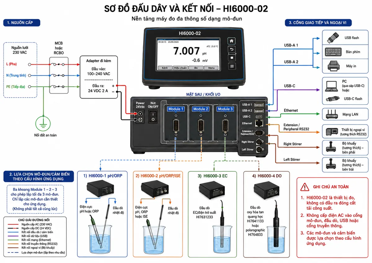 Vẽ sơ đồ đấu dây và kết nối Hanna HI6000-02 trên nền trắng, bố cục ngang. Thể hiện nguồn lưới 230 VAC gồm L, N và PE đi qua MCB hoặc RCBO bảo vệ nhánh rồi cấp cho adapter đi kèm có đầu vào 100–240 VAC; adapter chuyển thành 24 VDC 2 A đưa tới cổng Power 24Vdc phía sau HI6000-02, kèm nút ON/OFF. Vẽ rõ ba khoang Module 1, Module 2, Module 3 và minh họa các lựa chọn mô-đun tương thích: HI6000-1 pH/ORP nối điện cực pH hoặc ORP và đầu dò nhiệt độ; HI6000-2 pH/ORP/ISE nối điện cực pH, ORP hoặc ISE và đầu dò nhiệt độ; HI6000-3 EC nối đầu dò EC/điện trở suất HI7631233; HI6000-4 DO nối đầu dò oxy hòa tan quang học HI7641133 hoặc polarographic HI764833. Thể hiện thêm 2 cổng USB-A tới USB flash/bàn phím/máy in, USB-C tới PC hoặc USB-C flash, Ethernet tới mạng LAN, cổng Extension/peripheral RS232 và hai cổng Right Stirrer/Left Stirrer tới bộ khuấy tương thích. Ghi chú HI6000-02 là thiết bị đo, không có đầu ra đóng cắt tải công suất; không cấp AC vào cổng mô-đun, đầu dò, USB hoặc cổng truyền thông; các mô-đun và cảm biến được lựa chọn theo cấu hình ứng dụng.