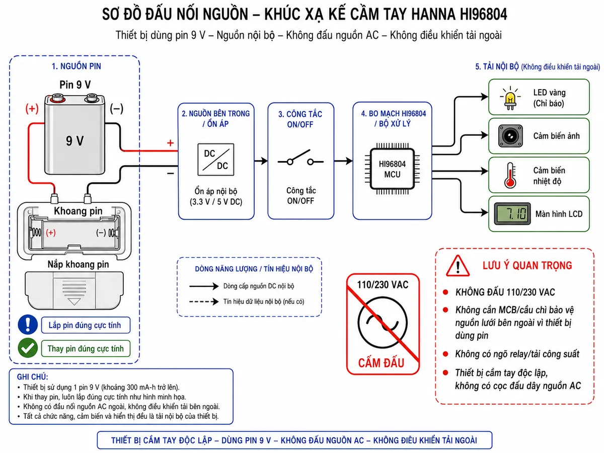 Sơ đồ đấu dây/kết nối nguồn cho khúc xạ kế Hanna HI96804 trên nền trắng: nhấn mạnh đây là thiết bị cầm tay độc lập, không có cọc đấu dây nguồn AC và không điều khiển tải ngoài; thể hiện pin 9 V lắp trong khoang pin với cực (+) và (−) đúng cực tính → khối nguồn bên trong → công tắc ON/OFF và bo mạch HI96804 → các tải nội bộ gồm LED vàng, cảm biến ảnh, cảm biến nhiệt độ và màn hình LCD. Ghi chú rõ “KHÔNG ĐẤU 110/230 VAC”, “không cần MCB/cầu chì bảo vệ nguồn lưới bên ngoài vì thiết bị dùng pin”, “không có ngõ relay/tải công suất”, đồng thời thể hiện nắp khoang pin và yêu cầu thay pin đúng cực tính.