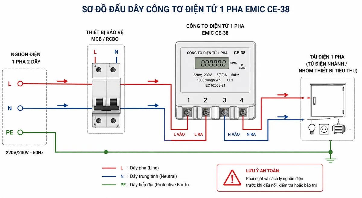 Sơ đồ đấu dây Công Tơ Điện Tử 1 Pha EMIC CE-38 dạng ngang nền trắng: nguồn điện 1 pha gồm L, N và PE đi từ bên trái; bố trí MCB hoặc RCBO bảo vệ trước mạch đo; thể hiện rõ công tơ CE-38 với 4 cực đấu nối gồm cực 1 L nguồn vào, cực 2 L ra tải, cực 3 N nguồn vào, cực 4 N ra tải; phía bên phải là tải điện 1 pha như tủ điện nhánh hoặc nhóm thiết bị tiêu thụ; dây PE đi riêng từ hệ thống tiếp địa đến tải, không đi qua công tơ; có mũi tên chỉ chiều cấp điện từ nguồn qua thiết bị bảo vệ, qua CE-38 đến tải và ghi chú phải cách ly nguồn trước khi đấu nối