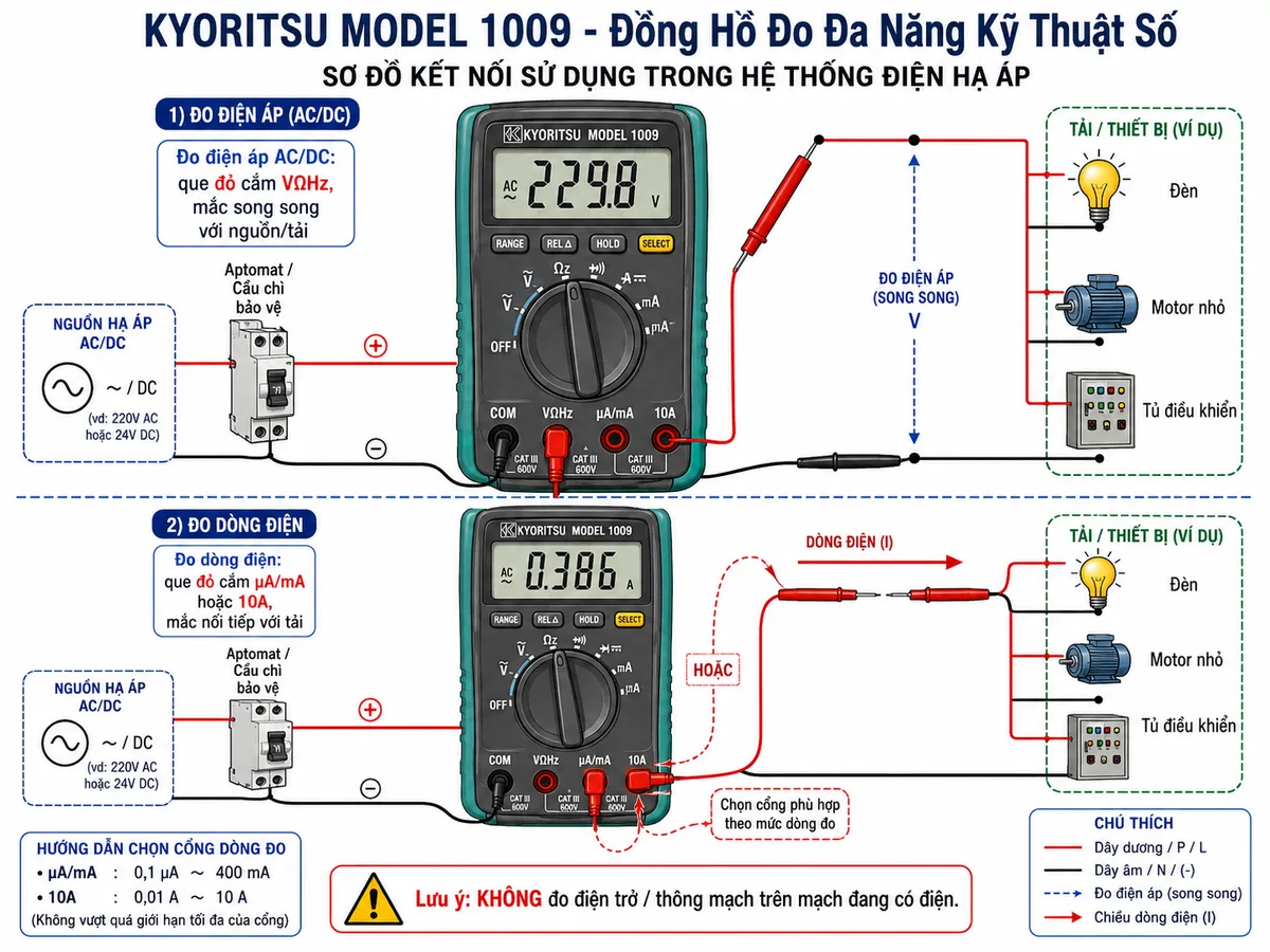Sơ đồ đấu dây / kết nối KYORITSU MODEL 1009 khi đo trong hệ thống điện hạ áp: thể hiện thân đồng hồ với các cổng COM, VΩHz, µA/mA và 10A; que đen cắm COM, que đỏ chuyển giữa VΩHz để đo điện áp song song với nguồn/tải, chuyển sang µA/mA hoặc 10A để đo dòng mắc nối tiếp với tải; bổ sung aptomat hoặc cầu chì bảo vệ phía nguồn, tải là motor nhỏ/đèn/tủ điều khiển, chú thích rõ không đo điện trở trên mạch đang có điện.