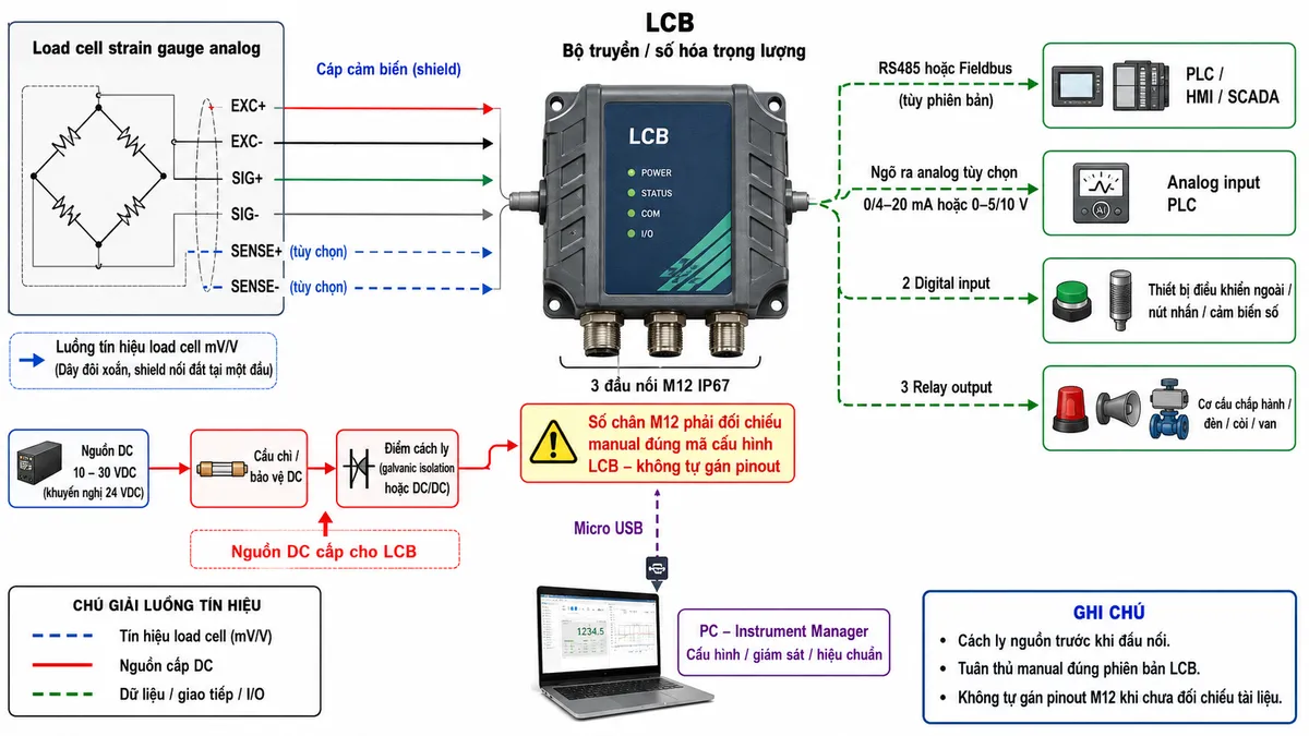 Vẽ sơ đồ đấu dây/kết nối kỹ thuật cho LCB | Bộ truyền/số hóa trọng lượng cho cảm biến lực Laumas LCB trên nền trắng, bố cục ngang. Bên trái là load cell strain gauge analog với các dây EXC+, EXC-, SIG+, SIG-; nếu cảm biến có SENSE+ và SENSE- thì thể hiện là đường tùy chọn. Đưa cáp load cell vào khối Laumas LCB ở giữa; thể hiện LCB có 3 đầu nối M12 IP67 và ghi chú rõ rằng số chân M12 phải đối chiếu manual đúng mã cấu hình LCB, tuyệt đối không tự gán pinout. Vẽ một nhánh nguồn DC phù hợp đi qua cầu chì hoặc thiết bị bảo vệ DC và điểm cách ly rồi cấp cho LCB. Bên phải từ LCB đưa dữ liệu tới PLC/HMI/SCADA bằng RS485 hoặc fieldbus tùy phiên bản; nếu sử dụng phiên bản analog thì thể hiện ngõ ra 0/4–20 mA hoặc 0–5/10 V đi tới analog input của PLC. Thể hiện riêng 2 digital input và 3 relay output tới thiết bị điều khiển ngoài. Vẽ thêm PC chạy LAUMAS Instrument Manager kết nối với LCB qua Micro USB. Có mũi tên phân biệt luồng tín hiệu load cell, nguồn cấp và dữ liệu truyền thông; ghi chú cách ly nguồn trước khi đấu nối và tuân thủ manual của đúng phiên bản LCB.