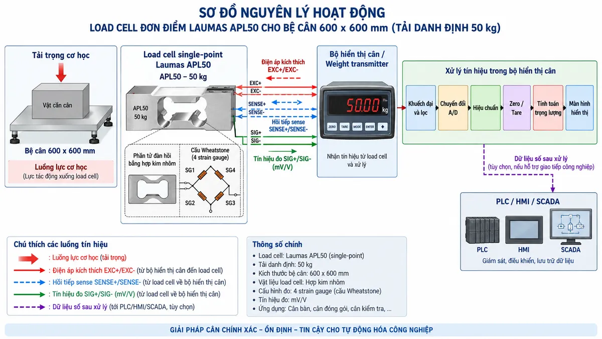Vẽ sơ đồ đấu dây/kết nối kỹ thuật cho cảm biến lực nén vệ sinh Laumas FLC1000M12A3A trên nền trắng, bố cục ngang. Bên trái thể hiện bồn, silo hoặc kết cấu công nghiệp tác dụng lực nén xuống chân đỡ; lực truyền qua load cell FLC 3A tải danh định 1000 kg, ren M12 x 1,75, thân thép không gỉ 17-4 PH ở giữa. Từ cảm biến vẽ cáp dài 5 m, đường kính 5 mm, gồm 6 lõi 0,20 mm² và shield sang bộ hiển thị cân, weight transmitter hoặc bộ số hóa load cell tương thích ở bên phải. Thể hiện +SIGNAL/SIG+ màu xanh lá, +EXCITATION/EXC+ màu đỏ, +REF./SENSE/SENSE+ màu xanh dương, -SIGNAL/SIG- màu trắng, -EXCITATION/EXC- màu đen, -REF./SENSE/SENSE- màu nâu và SHIELD. Vẽ EXC+/EXC- từ thiết bị điện tử cân tới load cell, SIG+/SIG- từ load cell về thiết bị xử lý và SENSE+/SENSE- hồi tiếp điện áp kích thích về thiết bị đọc. Vẽ riêng nguồn cấp cho bộ hiển thị hoặc transmitter qua cầu chì hoặc thiết bị bảo vệ và điểm cách ly. Ghi rõ không cấp nguồn AC trực tiếp vào FLC1000M12A3A; không tự gán số chân terminal mà phải đối chiếu manual thiết bị đọc; shield xử lý theo hướng dẫn chống nhiễu và nối đất của hệ thống.
