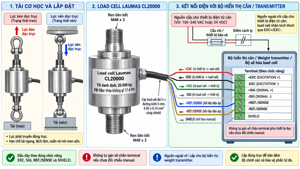 Vẽ sơ đồ đấu dây/kết nối kỹ thuật cho cảm biến lực kéo và nén Laumas CLR500 trên nền trắng, bố cục ngang. Bên trái thể hiện hai tình huống “Lực kéo dọc trục” và “Lực nén dọc trục” truyền qua liên kết cơ khí hoặc khớp cầu phù hợp tới load cell CLR500 tải danh định 500 kg. Ở giữa thể hiện cảm biến CLR500 bằng thép không gỉ 17-4 PH, kết cấu dạng spoke và cáp tín hiệu đi sang thiết bị điện tử cân. Bên phải vẽ “Bộ hiển thị cân / Weight transmitter / Bộ số hóa load cell”. Thể hiện rõ các đường chức năng EXC+/EXC- từ thiết bị điện tử cấp điện áp kích thích tới load cell và SIG+/SIG- truyền tín hiệu vi sai từ load cell về thiết bị; nếu phiên bản CLR500 và thiết bị đọc sử dụng cấu hình có REF./SENSE thì thể hiện SENSE+/SENSE- là đường hồi tiếp điện áp, đồng thời thể hiện SHIELD theo manual. Không tự gán màu dây hoặc số chân terminal nếu chưa đối chiếu datasheet đúng phiên bản. Vẽ nguồn cấp phù hợp cho bộ hiển thị hoặc weight transmitter qua cầu chì hoặc thiết bị bảo vệ và điểm cách ly trước khi bảo trì; nguồn ngoài cấp cho thiết bị điện tử cân, còn load cell nhận kích thích từ thiết bị qua EXC. Ghi chú nổi bật: lực phải truyền đúng trục; hạn chế tải ngang, lệch tâm, xoắn và mô-men uốn; liên kết cơ khí phải có khả năng chịu tải phù hợp với CLR500.