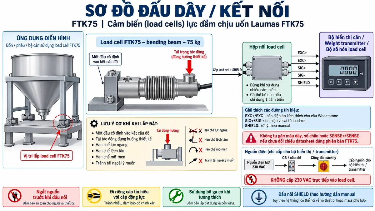 Vẽ sơ đồ đấu dây/kết nối kỹ thuật cho Laumas FTK75 trên nền trắng, bố cục ngang. Bên trái thể hiện bồn, phễu, bệ cân hoặc kết cấu cần cân truyền tải trọng theo phương thiết kế qua bộ gá cơ khí phù hợp tới load cell FTK75 tải danh định 75 kg dạng bending beam ở giữa; chú thích một đầu cảm biến được cố định chắc chắn vào kết cấu đỡ, tải tác động lên đầu nhận lực theo đúng hướng và cần hạn chế lực ngang, lệch tâm, mô-men hoặc tải ngoài ý muốn. Từ FTK75 vẽ cáp load cell có SHIELD tới hộp nối load cell khi sử dụng nhiều cảm biến, sau đó tới bộ hiển thị cân, weight transmitter hoặc bộ số hóa load cell. Thể hiện các đường chức năng EXC+/EXC- từ thiết bị điện tử cân cấp điện áp kích thích cho cầu Wheatstone và SIG+/SIG- truyền tín hiệu vi sai từ load cell về thiết bị đọc; SHIELD xử lý theo manual. Không tự gán màu dây, số chân hoặc SENSE+/SENSE- nếu chưa đối chiếu datasheet đúng phiên bản FTK75. Nguồn điện lưới chỉ cấp cho bộ hiển thị hoặc transmitter qua CB hoặc cầu chì và công tắc cách ly phù hợp; ghi rõ không cấp 230 VAC trực tiếp vào load cell. Bổ sung lưu ý ngắt nguồn trước khi đấu nối, đi riêng cáp tín hiệu với cáp động lực và sử dụng bộ gá cơ khí tương thích.