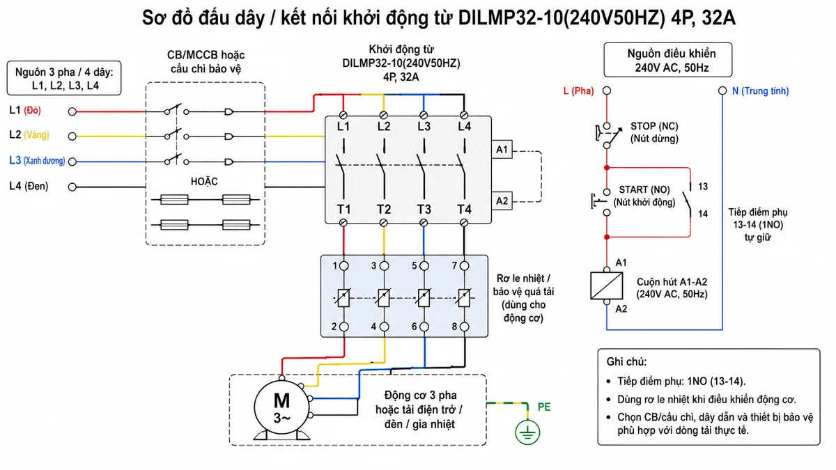 Sơ đồ đấu dây / kết nối khởi động từ Eaton Moeller DILMP32-10(240V50HZ) 4P 32A: thể hiện nguồn 3 pha hoặc 4 dây đi qua CB/MCCB hoặc cầu chì bảo vệ vào các cực nguồn L1, L2, L3, L4 ở phía trên contactor; các cực ra T1, T2, T3, T4 cấp tới tải là động cơ 3 pha hoặc tải điện trở/đèn/gia nhiệt; cuộn hút A1-A2 nhận nguồn điều khiển 240V 50Hz qua nút nhấn STOP, START và tiếp điểm phụ 13-14 để tự giữ; ghi rõ tiếp điểm phụ 1NO, thiết bị bảo vệ quá tải nếu dùng cho động cơ, dây tiếp địa PE và cảnh báo phải chọn bảo vệ phù hợp với dòng tải.