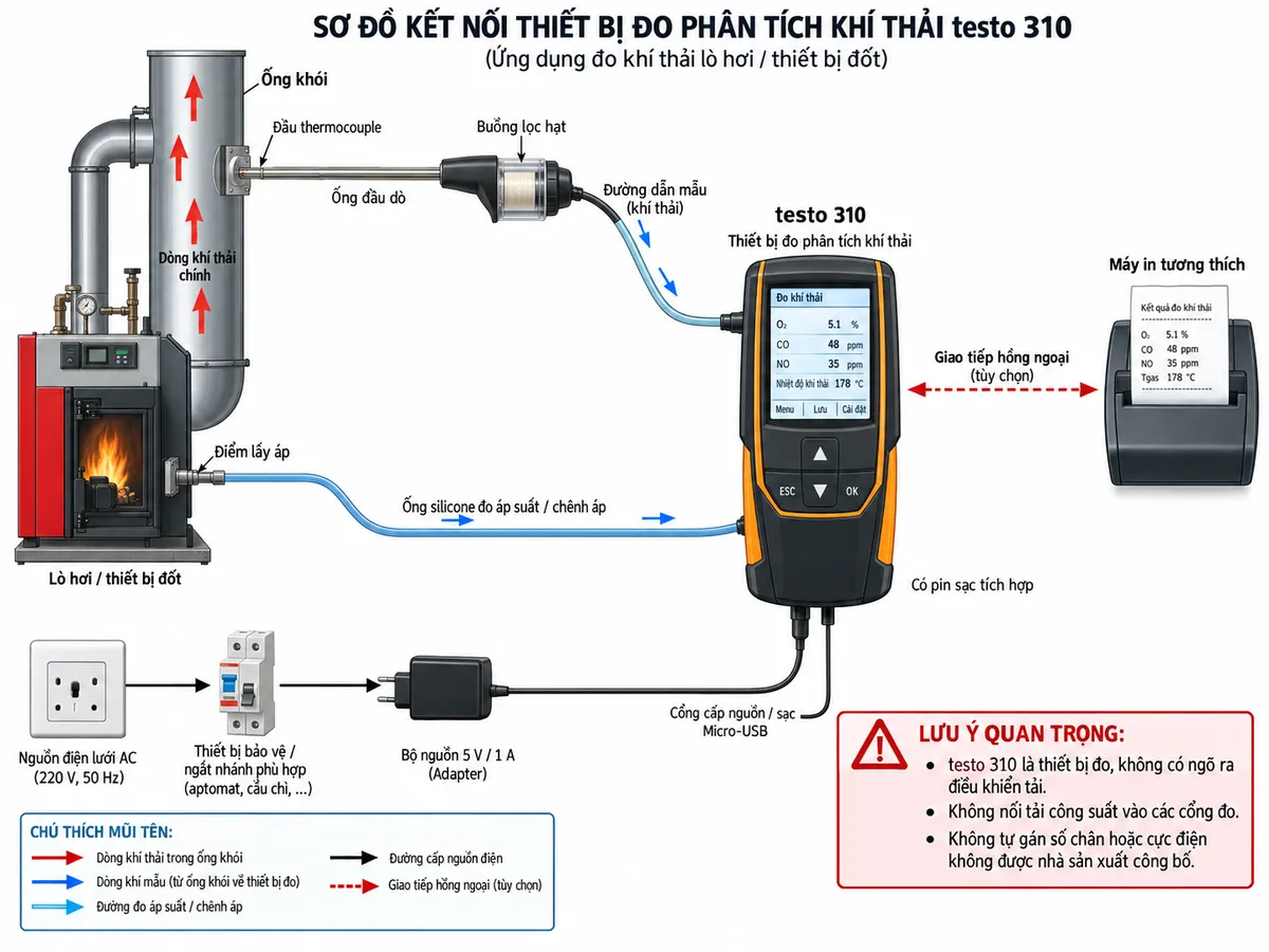Vẽ sơ đồ đấu dây/kết nối kỹ thuật cho máy phân tích khí thải testo 310 trên nền trắng, bố cục ngang. Bên trái thể hiện lò hơi hoặc thiết bị đốt và ống khói; đầu dò khí thải testo 310 được đưa vào vùng dòng khí chính, gồm đầu thermocouple, ống đầu dò, buồng lọc hạt và đường dẫn mẫu nối về máy testo 310 ở giữa. Thể hiện nhánh đo áp suất/chênh áp bằng ống silicone nối từ điểm lấy áp của hệ thống tới đầu đo áp suất của máy. Phía dưới thể hiện nguồn điện lưới qua thiết bị bảo vệ/ngắt nhánh phù hợp rồi tới bộ nguồn chính hãng 5 V/1 A, từ bộ nguồn nối vào cổng cấp nguồn/sạc Micro-USB của testo 310; đồng thời ghi chú máy có pin sạc tích hợp. Bên phải thể hiện giao tiếp hồng ngoại tới máy in Testo tương thích là tùy chọn. Ghi rõ testo 310 là thiết bị đo, không có ngõ ra điều khiển tải và tuyệt đối không nối tải công suất vào các cổng đo. Không tự gán số chân hoặc cực điện không được nhà sản xuất công bố.