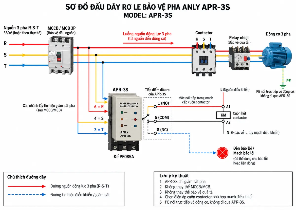 Vẽ sơ đồ đấu dây kỹ thuật Rơ le Bảo Vệ Pha Anly APR-3S trên nền trắng, bố cục ngang. Bên trái là nguồn ba pha R-S-T đi qua MCCB hoặc MCB 3P; từ phía sau thiết bị bảo vệ chia ba nhánh giám sát tới APR-3S lắp trên đế PF085A: chân 6 = R, chân 4 = S, chân 3 = T. Thể hiện rõ tiếp điểm đầu ra chân 5 = COM, chân 1 = NO, chân 8 = NC; COM-NO mắc nối tiếp trong mạch cuộn hút contactor, NC có thể đưa tới đèn hoặc mạch báo lỗi. Ba cực chính contactor cấp nguồn qua relay nhiệt tới động cơ 3 pha; PE nối trực tiếp vỏ động cơ và không đi qua APR-3S. Ghi chú chọn điện áp cuộn contactor phù hợp mạch điều khiển, APR-3S chỉ giám sát pha và không thay thế MCCB/MCB hoặc bảo vệ quá tải. Dùng mũi tên thể hiện luồng nguồn và tín hiệu điều khiển, nhãn tiếng Việt rõ ràng.