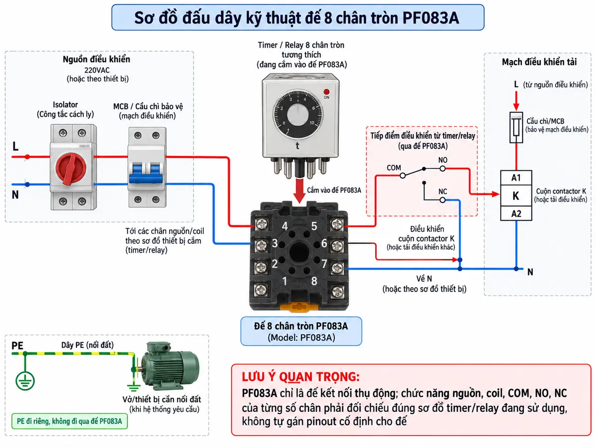 Vẽ sơ đồ đấu dây kỹ thuật cho đế 8 chân tròn PF083A trên nền trắng, bố cục ngang. Ở giữa thể hiện rõ socket PF083A với cụm 8 vị trí chân được đánh số 1-8 theo ký hiệu trên đế, phía trên là một timer hoặc relay 8 chân tròn tương thích cắm vào socket. Phía nguồn thể hiện L-N hoặc nguồn điều khiển phù hợp đi qua isolator và cầu chì/MCB bảo vệ trước khi cấp tới các terminal tương ứng theo sơ đồ của thiết bị cắm. Phía tải thể hiện tiếp điểm của timer/relay điều khiển cuộn contactor hoặc tải điều khiển, có thiết bị bảo vệ phù hợp. Vẽ dây PE tới vỏ hoặc thiết bị cần nối đất khi hệ thống yêu cầu, không đưa PE qua PF083A. Ghi chú rõ: PF083A chỉ là đế kết nối thụ động; chức năng nguồn, coil, COM, NO, NC của từng số chân phải đối chiếu đúng sơ đồ timer/relay đang sử dụng, không tự gán pinout cố định cho đế.