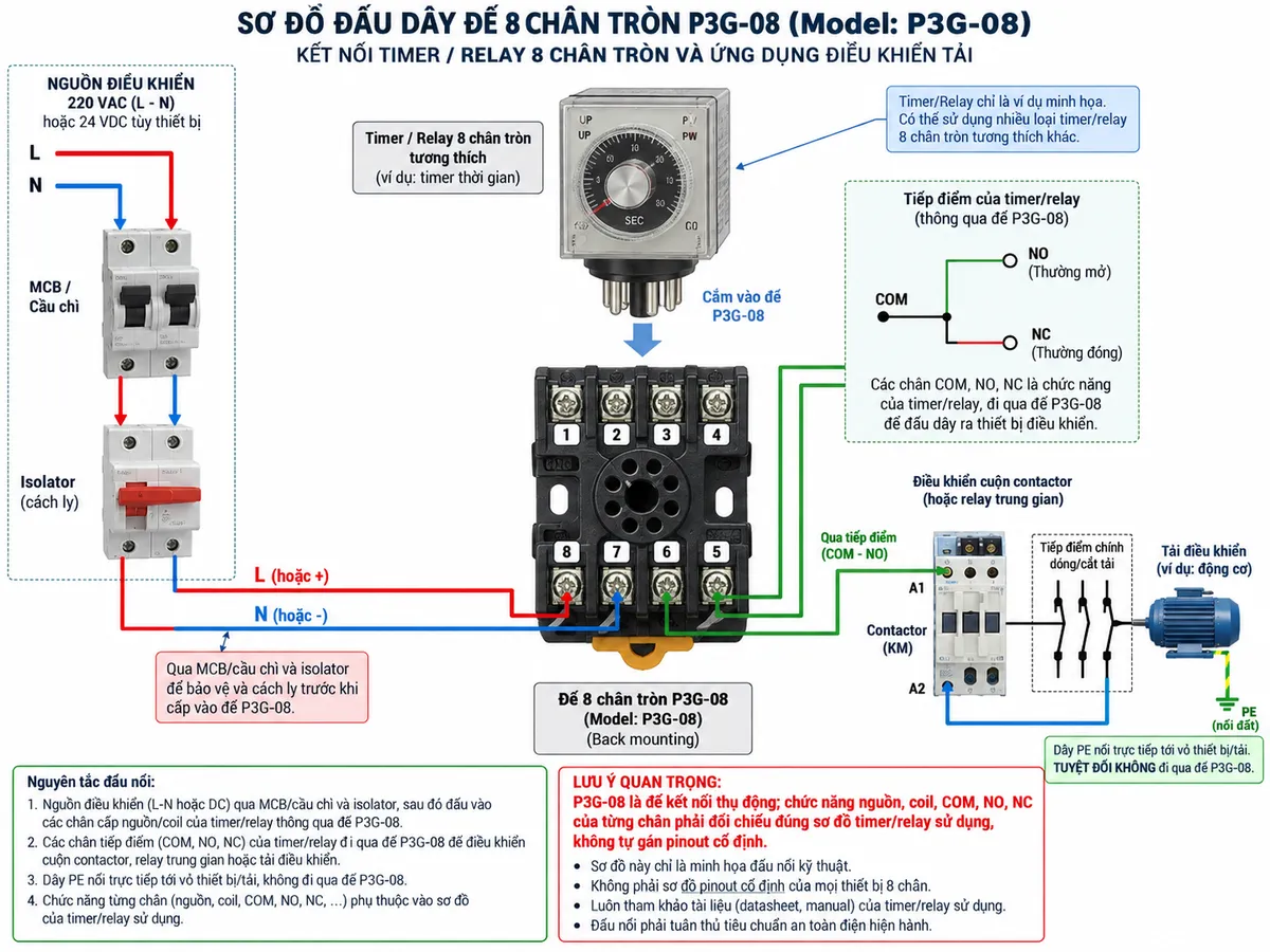 Vẽ sơ đồ đấu dây kỹ thuật cho đế 8 chân tròn P3G-08 trên nền trắng, bố cục ngang. Ở giữa thể hiện socket P3G-08 dạng back mounting với 8 vị trí chân tròn và các terminal vít tương ứng, đánh số 1-8 theo bố trí thực tế của đế; phía trên hoặc phía trước thể hiện timer/relay 8 chân tròn tương thích cắm vào socket. Bên trái vẽ nguồn điều khiển L-N hoặc nguồn DC phù hợp đi qua isolator và MCB/cầu chì bảo vệ rồi tới các terminal tương ứng với chân nguồn hoặc coil của thiết bị cắm. Bên phải thể hiện các chân tiếp điểm COM, NO, NC của timer/relay đi qua P3G-08 để điều khiển cuộn contactor, relay trung gian hoặc tải điều khiển. PE đi trực tiếp tới vỏ hoặc thiết bị cần nối đất, không đi qua P3G-08. Ghi chú rõ: P3G-08 là đế kết nối thụ động; chức năng nguồn, coil, COM, NO, NC của từng chân phải đối chiếu đúng sơ đồ timer/relay sử dụng, không tự gán pinout cố định.