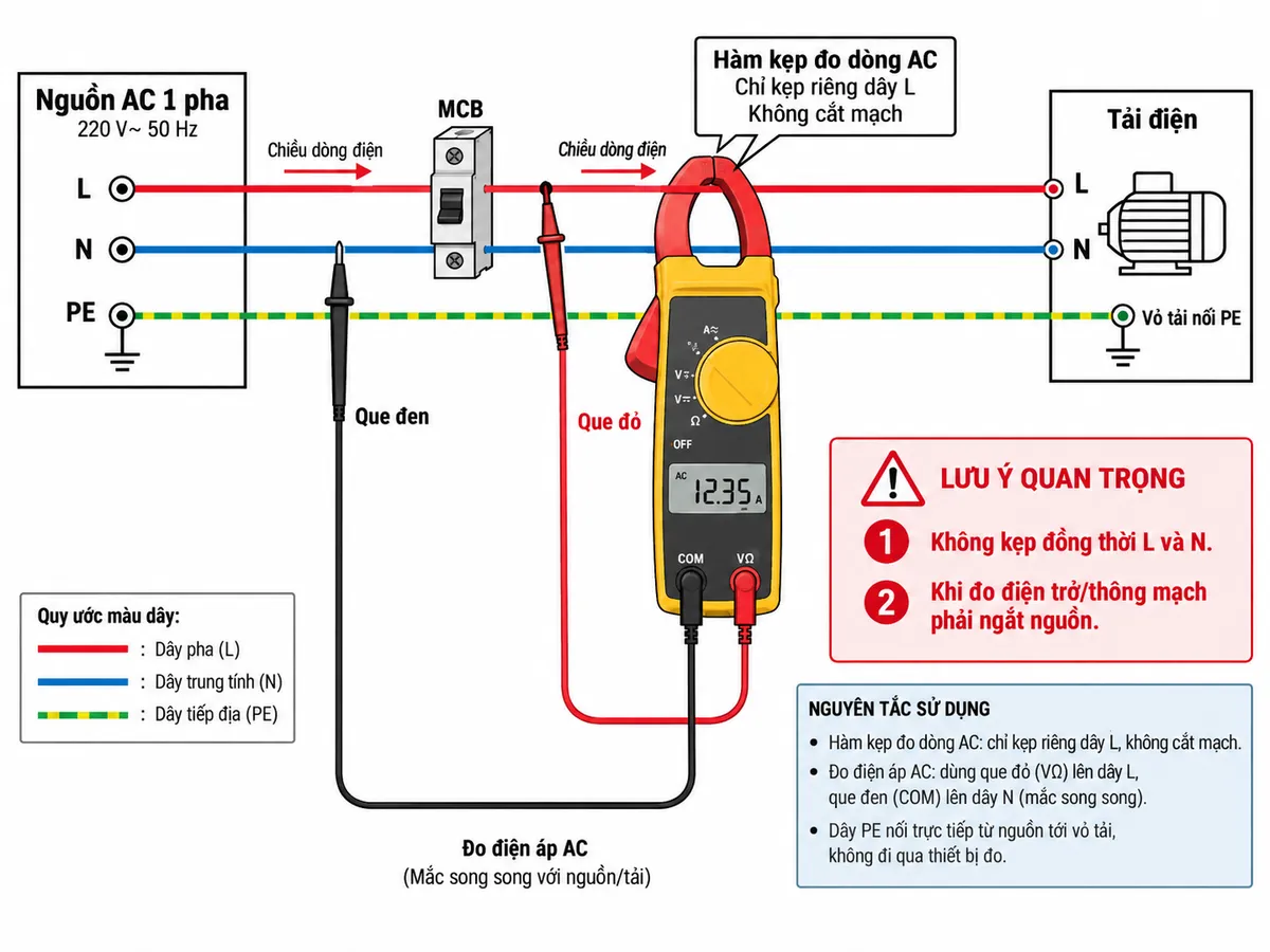 Sơ đồ đấu dây và kết nối đo bằng ampe kìm AC True-RMS FLUKE 323 trên nền trắng, bố cục ngang, chú thích tiếng Việt. Thể hiện nguồn điện AC một pha L-N-PE đi qua thiết bị bảo vệ MCB đến tải điện; hàm kẹp FLUKE 323 chỉ ôm riêng dây L sau MCB để đo dòng AC mà không cắt mạch. Vẽ thêm nhánh đo điện áp với que đỏ từ cổng VΩ của FLUKE 323 tới dây L và que đen từ cổng COM tới dây N, hai que mắc song song với nguồn/tải. Thể hiện PE nối trực tiếp tới vỏ tải và không đi qua thiết bị đo. Ghi rõ không kẹp đồng thời L và N; khi đo điện trở/thông mạch phải ngắt nguồn. Có mũi tên dòng điện từ nguồn qua MCB đến tải, ký hiệu rõ hàm kẹp, cổng VΩ, COM, dây L, N, PE, MCB và tải.