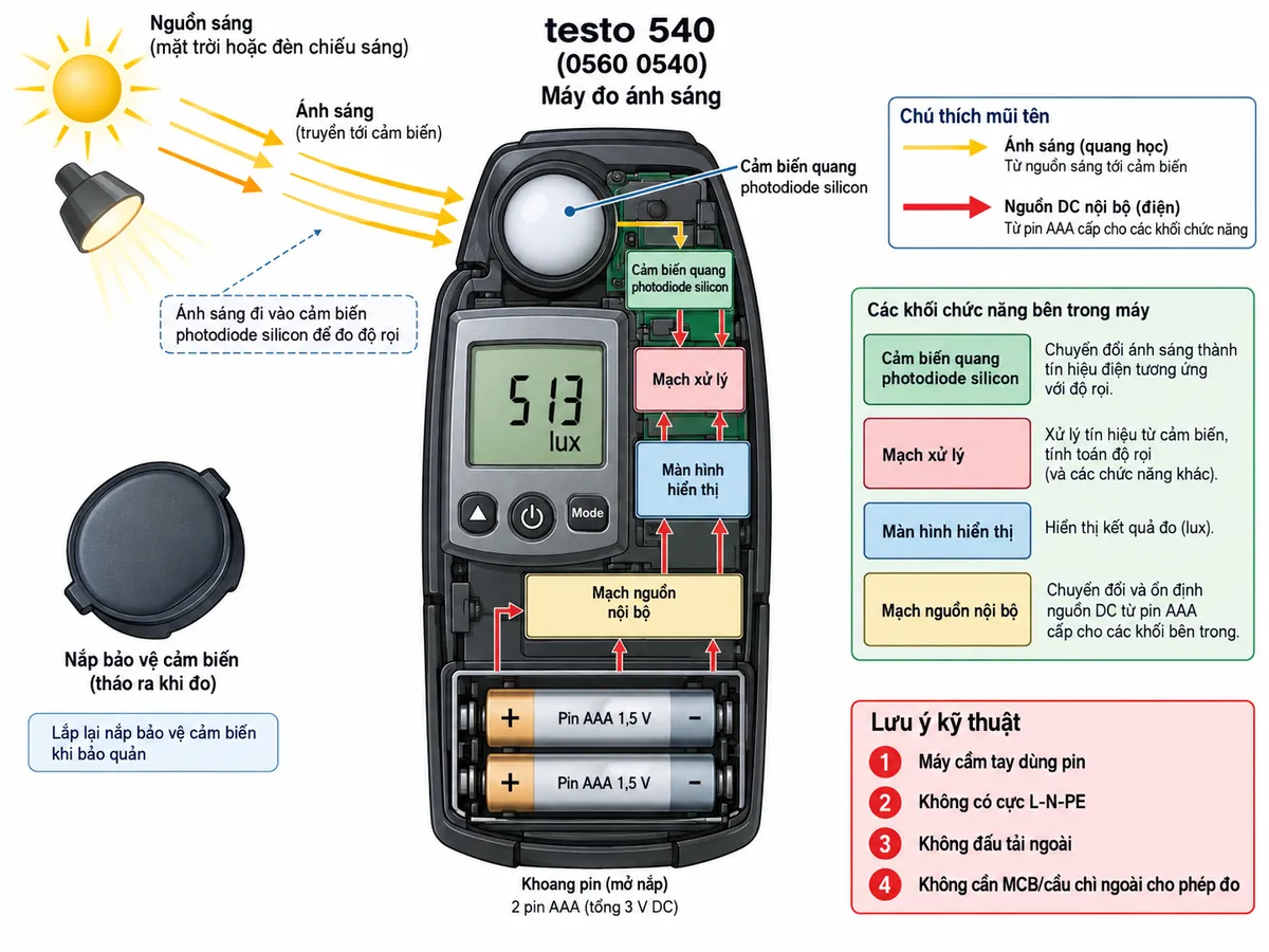 Sơ đồ đấu dây/kết nối của máy đo ánh sáng testo 540 mã 0560 0540 trên nền trắng, bố cục ngang, chú thích tiếng Việt. Thể hiện rõ 2 pin AAA trong khoang pin với cực + và - cấp nguồn DC nội bộ cho testo 540; từ nguồn pin đi tới mạch nguồn nội bộ, cảm biến quang và mạch xử lý/màn hình. Vẽ nguồn sáng tự nhiên hoặc đèn chiếu sáng ở phía ngoài phát ánh sáng tới bề mặt cảm biến photodiode silicon của máy bằng các mũi tên quang học, không phải dây điện. Ghi chú rõ: testo 540 là máy cầm tay dùng pin, không có cực L-N-PE, không đấu tải ngoài, không cần MCB/cầu chì ngoài cho phép đo; nắp bảo vệ cảm biến được tháo khi đo và lắp lại khi bảo quản.