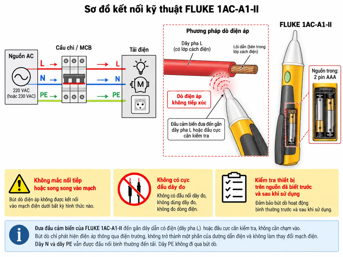 Sơ đồ kết nối kỹ thuật của bút dò điện áp không tiếp xúc FLUKE 1AC-A1-II trên nền trắng, bố cục ngang, chú thích tiếng Việt. Bên trái thể hiện nguồn AC gồm L-N-PE đi qua cầu chì hoặc MCB rồi cấp tới tải điện; mũi tên thể hiện chiều cấp nguồn từ nguồn qua thiết bị bảo vệ đến tải. Ở giữa thể hiện dây pha L có lớp cách điện và đầu cảm biến của FLUKE 1AC-A1-II được đưa đến gần dây pha hoặc đầu cực cần kiểm tra nhưng không chạm vào lõi dẫn điện. Bên phải thể hiện bút sử dụng 2 pin AAA bên trong. Ghi chú rõ “Dò điện áp không tiếp xúc”, “Không mắc nối tiếp hoặc song song vào mạch”, “Không có cực đấu dây đo” và “Kiểm tra thiết bị trên nguồn đã biết trước và sau khi sử dụng”. Thể hiện N và PE đi đúng đường tới tải, PE không đi qua bút dò.