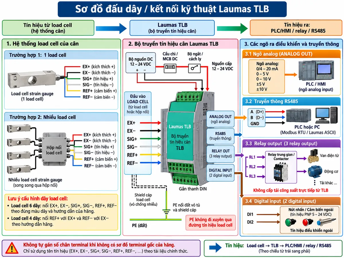 Sơ đồ đấu dây/kết nối kỹ thuật của bộ truyền tín hiệu cân Laumas TLB trên nền trắng, bố cục ngang, chú thích tiếng Việt. Bên trái là hệ thống load cell của cân gồm 1 đến nhiều load cell strain gauge; nếu nhiều load cell thì đi qua “Hộp nối load cell” rồi đưa các đường EX+, EX−, SIG+, SIG− và REF+/REF− đối với cấu hình 6 dây tới nhóm đầu vào LOAD CELL của TLB; với load cell 4 dây thể hiện cầu nối REF+ với EX+ và REF− với EX− theo hướng dẫn hãng, không tự gán số terminal. Ở giữa là Laumas TLB gắn thanh DIN, nhận nguồn 12–24 VDC từ bộ nguồn DC qua cầu chì hoặc MCB DC và bộ ngắt/cách ly; PE nối đất vỏ tủ và shield cáp theo hướng dẫn EMC, PE không đi xuyên qua đường tín hiệu load cell. Bên phải chia ba nhánh: ngõ analog 0/4–20 mA hoặc 0–5/10 V, ±5/10 V tới ngõ analog PLC; RS485 A/B/GND tới PLC hoặc PC dùng Modbus RTU/Laumas ASCII; ba ngõ relay điều khiển relay trung gian/contactor trước tải như van hoặc động cơ. Thể hiện thêm 2 digital input nhận tín hiệu PNP 5–24 VDC. Dùng mũi tên rõ chiều tín hiệu từ load cell → TLB → PLC/HMI và không tự gán số chân terminal khi không hiển thị sơ đồ terminal gốc.