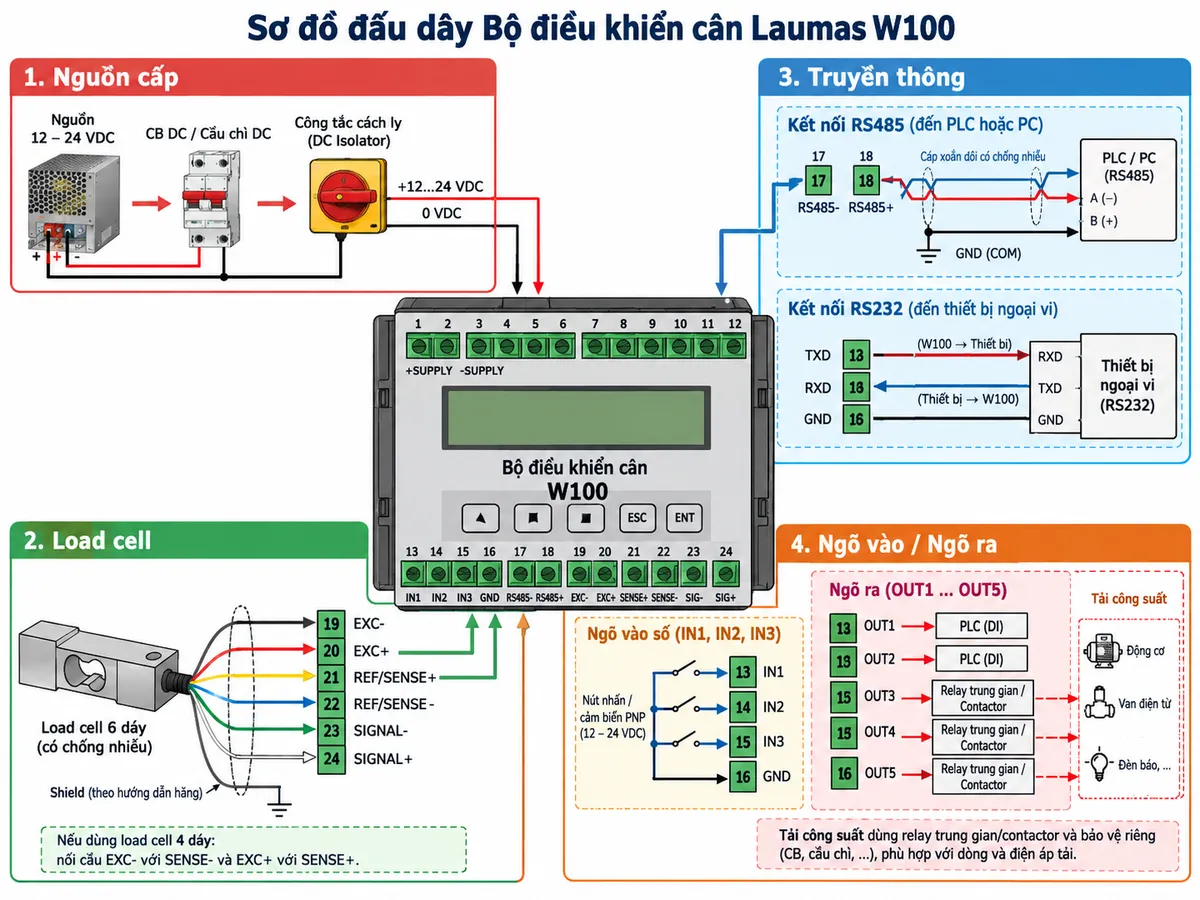 Sơ đồ đấu dây Bộ điều khiển cân Laumas W100 trên nền trắng dạng ngang: nguồn 12–24 VDC đi qua cầu chì hoặc MCB DC và công tắc cách ly rồi vào terminal 1 +SUPPLY và terminal 2 -SUPPLY; load cell 6 dây nối terminal 19 EXC-, 20 EXC+, 21 REF/SENSE+, 22 REF/SENSE-, 23 SIGNAL-, 24 SIGNAL+ và shield theo hướng dẫn hãng; ghi chú riêng nếu dùng load cell 4 dây thì nối cầu EXC- với SENSE- và EXC+ với SENSE+; RS485 nối terminal 17 RS485-, 18 RS485+ và common/GND phù hợp tới PLC hoặc PC; RS232 thể hiện TXD/RXD tới thiết bị ngoại vi; các ngõ IN1, IN2, IN3 nhận tín hiệu PNP từ nút nhấn/cảm biến; OUT1 đến OUT5 đưa tới PLC input hoặc relay trung gian/contactor để điều khiển tải, tải công suất có bảo vệ riêng; thể hiện rõ mũi tên luồng tín hiệu và tách phần nguồn, load cell, I/O, truyền thông.