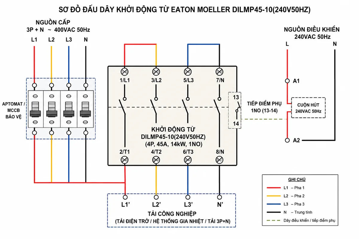 Sơ đồ đấu dây của khởi động từ Eaton Moeller DILMP45-10(240V50HZ), thể hiện cuộn hút A1-A2 cấp nguồn 240V AC 50Hz, bốn cực tiếp điểm chính đầu vào và đầu ra, tiếp điểm phụ 1NO, aptomat hoặc MCCB bảo vệ phía nguồn, tải công nghiệp phía đầu ra, các đường dây và ký hiệu đấu nối rõ ràng bằng tiếng Việt