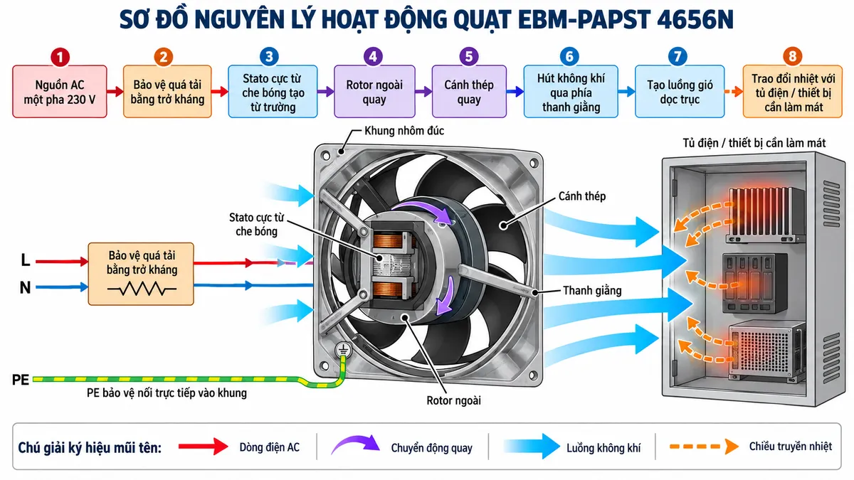 Sơ đồ nguyên lý hoạt động của quạt ebm-papst 4656N trên nền trắng, bố cục ngang và nhãn tiếng Việt. Thể hiện luồng chức năng: nguồn AC một pha 230 V → cơ chế bảo vệ quá tải bằng trở kháng → stato cực từ che bóng tạo từ trường → rotor ngoài quay → cánh thép quay → hút không khí qua phía thanh giằng → tạo luồng gió dọc trục → trao đổi nhiệt với tủ điện hoặc thiết bị cần làm mát. Dùng mũi tên riêng cho dòng điện, chuyển động quay, luồng không khí và chiều truyền nhiệt; thể hiện khung nhôm đúc cùng điểm PE bảo vệ nhưng không vẽ PE đi qua động cơ.