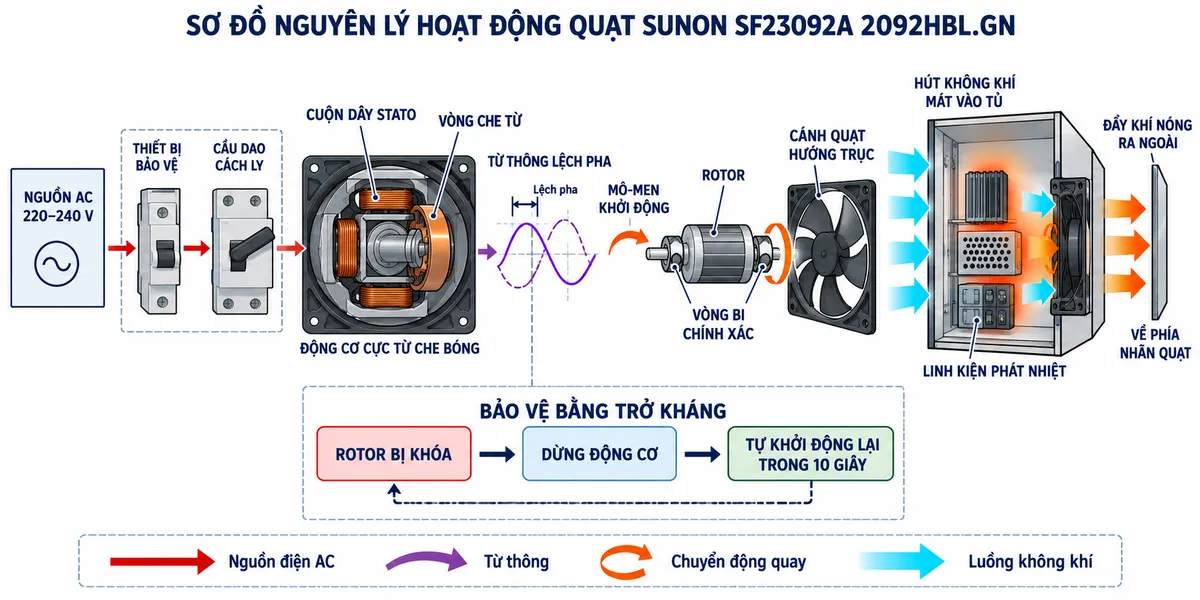 Vẽ sơ đồ nguyên lý hoạt động của quạt SUNON SF23092A 2092HBL.GN trên nền trắng, bố cục ngang và nhãn tiếng Việt. Thể hiện chuỗi chức năng: nguồn AC 220–240 V qua thiết bị bảo vệ và cầu dao cách ly → cuộn dây stato của động cơ cực từ che bóng → vòng che từ tạo từ thông lệch pha → hình thành mô-men khởi động → rotor quay trên hệ thống vòng bi chính xác → cánh quạt hướng trục quay → hút không khí mát vào tủ → không khí đi qua linh kiện phát nhiệt → đẩy khí nóng ra ngoài theo hướng về phía nhãn quạt. Thể hiện thêm khối bảo vệ bằng trở kháng và cơ chế dừng khi rotor bị khóa, sau đó tự khởi động lại. Dùng kiểu mũi tên riêng cho nguồn điện AC, chuyển động quay, từ thông và luồng không khí.