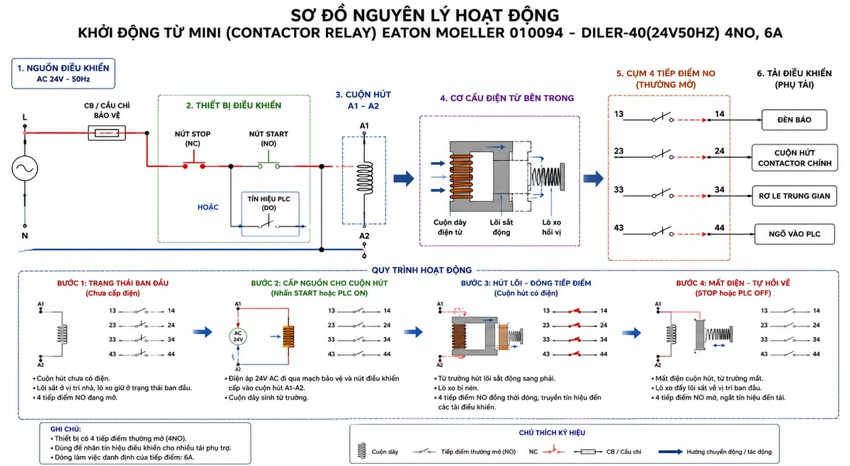Sơ đồ nguyên lý hoạt động khởi động từ mini Eaton Moeller 010094 DILER-40(24V50HZ): thể hiện các khối chức năng gồm nguồn AC 24V 50Hz, mạch bảo vệ CB/cầu chì, nút nhấn hoặc tín hiệu PLC, cuộn hút A1-A2, lõi từ điện từ, lò xo hồi vị, cụm 4 tiếp điểm NO và các tải điều khiển phụ; dùng mũi tên mô tả quá trình cấp nguồn cho cuộn hút, hút lõi từ, đóng 4 tiếp điểm NO, truyền tín hiệu điều khiển và tự hồi về khi mất điện; phong cách sơ đồ điện công nghiệp nền trắng, rõ ràng, chú thích tiếng Việt.