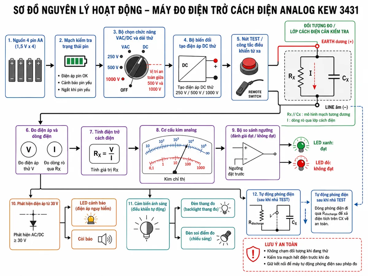 Sơ đồ nguyên lý hoạt động của máy đo điện trở cách điện analog KYORITSU KEW 3431, nền trắng, bố cục ngang, nhãn tiếng Việt; thể hiện khối nguồn 4 pin AA, mạch kiểm tra trạng thái pin, bộ chọn chức năng VAC/DC và các dải thử 250 V-500 V-1000 V, vị trí an toàn giữa 500 V và 1000 V, bộ biến đổi tạo điện áp DC thử, cực EARTH dương và cực LINE âm, đối tượng đo mô hình bằng điện trở cách điện RX song song với điện dung ký sinh CX, dòng rò I chạy qua lớp cách điện, khối đo điện áp và dòng điện tính theo RX bằng V chia I, cơ cấu kim analog với thang trong và thang ngoài, bộ so sánh ngưỡng điều khiển LED xanh hoặc đỏ, khối phát hiện điện áp từ 30 V điều khiển LED cảnh báo và còi, cảm biến ánh sáng điều khiển đèn thang đo và đèn soi, cùng mạch tự động phóng điện cho CX sau khi nhả nút TEST; dùng mũi tên thể hiện đầy đủ luồng từ pin đến điện áp thử, đối tượng đo, hiển thị kết quả và phóng điện