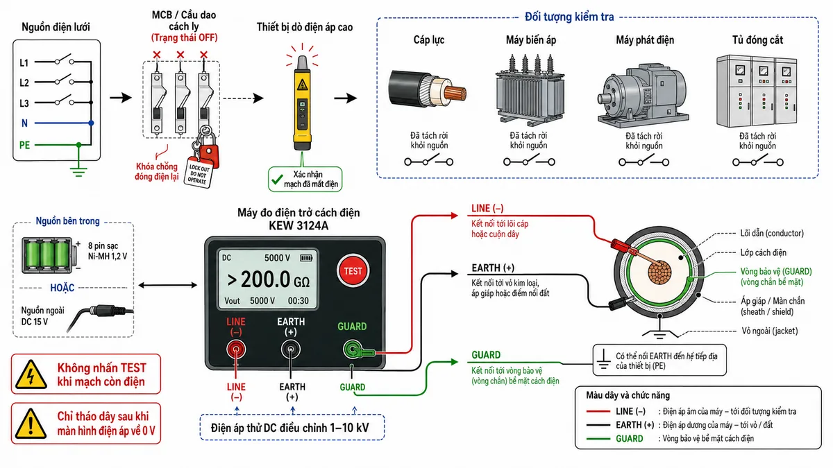 Sơ đồ nguyên lý hoạt động của Máy đo điện trở cách điện cao áp KYORITSU KEW 3124A, nền trắng, bố cục ngang, nhãn tiếng Việt; thể hiện khối nguồn 8 pin sạc Ni-MH 1,2 V và ngõ nguồn ngoài DC 15 V, mạch kiểm tra pin và bảo vệ chống xả sâu, công tắc chức năng OFF-H.V.SET-H.V.OUT-1 kV/100 MΩ, núm điều chỉnh điện áp thử DC 1–10 kV, bộ biến đổi tạo điện áp cao áp, còi cảnh báo điện áp cao, cực EARTH dương, cực LINE âm và cực GUARD; đối tượng đo mô hình bằng điện trở cách điện RX song song với điện dung ký sinh CX, thể hiện dòng nạp điện dung, dòng hấp thụ điện môi, dòng rò ổn định và nhánh GUARD dẫn dòng rò bề mặt bỏ qua mạch đo; tiếp theo là khối đo điện áp và dòng điện tính RX bằng V chia I, bộ tự động chuyển dải 1,6 GΩ/100 GΩ, cơ cấu kim analog và đèn chỉ thị thang màu, màn hình số hiển thị điện áp đặt và điện áp đầu ra, ngõ DC cho máy ghi, cuối cùng là mạch tự động phóng điện và mũi tên theo dõi điện áp giảm về 0 V