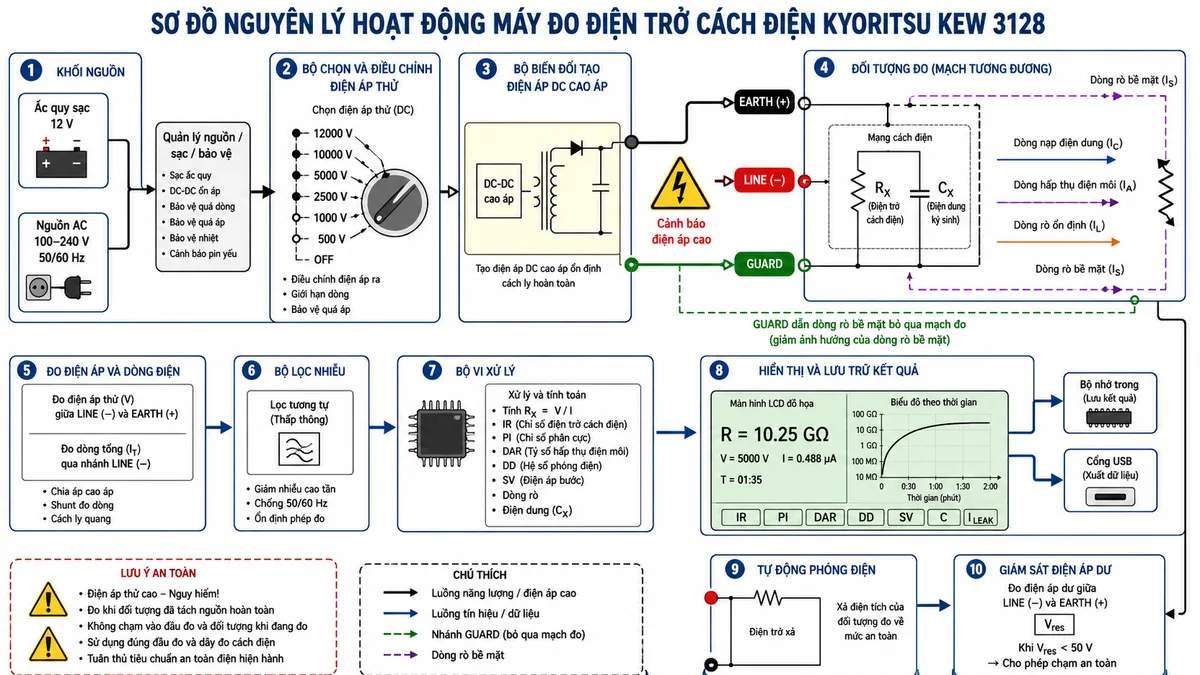 Sơ đồ nguyên lý hoạt động của Máy đo điện trở cách điện KYORITSU KEW 3128 trên nền trắng, bố cục ngang, nhãn tiếng Việt; thể hiện nguồn ắc quy sạc 12 V hoặc nguồn AC qua khối quản lý nguồn, bộ chọn và điều chỉnh điện áp thử, bộ biến đổi tạo điện áp DC cao áp, cảnh báo điện áp cao, các cực EARTH dương, LINE âm và GUARD; đối tượng đo được mô hình hóa bằng điện trở cách điện RX song song với điện dung ký sinh CX, có dòng nạp điện dung, dòng hấp thụ điện môi và dòng rò ổn định; nhánh GUARD dẫn dòng rò bề mặt bỏ qua mạch đo; tiếp theo là khối đo điện áp và dòng điện, bộ lọc nhiễu, bộ vi xử lý tính RX theo V chia I và xử lý IR, PI, DAR, DD, SV, dòng rò và điện dung; kết quả đi tới màn hình LCD đồ họa, biểu đồ theo thời gian, bộ nhớ trong và cổng USB; cuối luồng có khối tự động phóng điện và giám sát điện áp dư