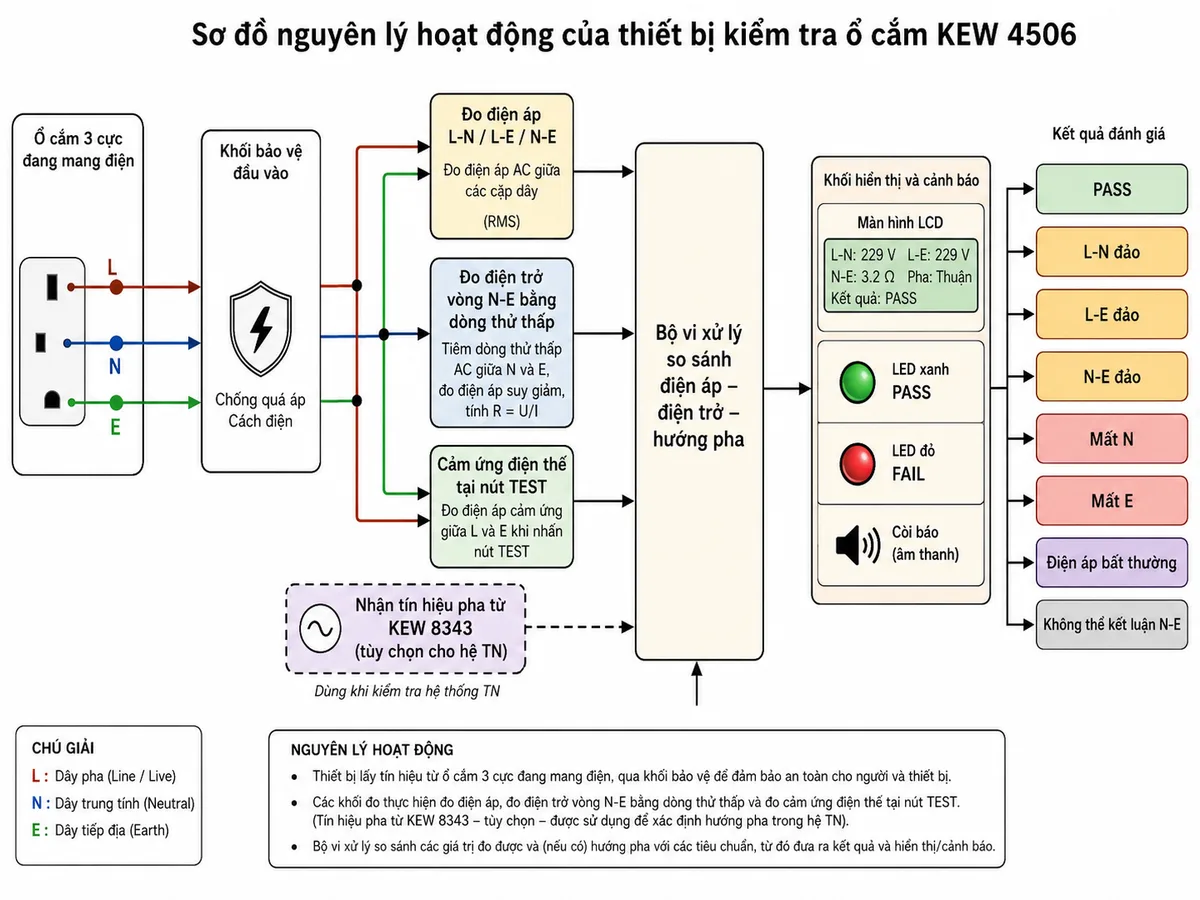 Sơ đồ nguyên lý hoạt động của thiết bị kiểm tra ổ cắm KYORITSU KEW 4506, nền trắng và nhãn tiếng Việt; thể hiện đầu vào ba cực L-N-E từ ổ cắm đi vào khối bảo vệ đầu vào, khối đo điện áp L-N/L-E/N-E, khối đo điện trở vòng N-E bằng dòng thử thấp, khối cảm ứng điện thế tại nút TEST, khối nhận tín hiệu pha từ KEW 8343 khi dùng trên hệ thống TN, bộ vi xử lý so sánh điện áp-điện trở-hướng pha, sau đó đưa kết quả đến màn hình LCD, LED xanh PASS, LED đỏ FAIL và còi báo; dùng mũi tên thể hiện luồng từ ổ cắm qua các khối đo đến bộ xử lý và khối hiển thị, kèm nhánh kết quả L-N đảo, L-E đảo, N-E đảo, mất N, mất E, điện áp bất thường hoặc không thể kết luận N-E