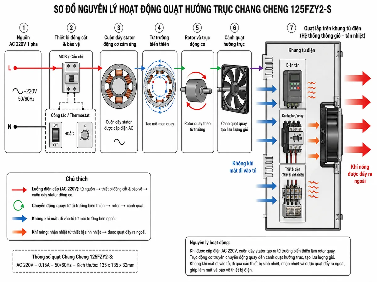 Sơ đồ nguyên lý hoạt động của quạt hướng trục Chang Cheng 125FZY2-S, thể hiện các khối nguồn AC 220V, thiết bị đóng cắt và bảo vệ, cuộn dây stator động cơ cảm ứng, từ trường tạo mô-men quay, rotor và trục động cơ, cánh quạt hướng trục, luồng không khí mát đi vào tủ, không khí nhận nhiệt từ biến tần và thiết bị điện, khí nóng được đẩy ra ngoài; dùng mũi tên thể hiện luồng điện, chuyển động quay và luồng trao đổi nhiệt