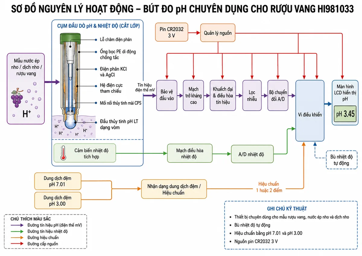 Vẽ sơ đồ nguyên lý hoạt động dạng khối của Bút đo pH chuyên dụng cho rượu vang Hanna HI981033, nền trắng, bố cục ngang, phong cách kỹ thuật đo lường và nhãn tiếng Việt. Luồng chính bắt đầu từ mẫu nước ép nho, dịch nho hoặc rượu vang chứa ion H+, đi tới đầu thủy tinh pH loại LT dạng vòm và hệ điện cực tham chiếu chứa điện phân KCl và AgCl. Thể hiện mối nối thủy tinh mài CPS, ống bọc PE di động chống tắc và lỗ châm điện phân. Tín hiệu điện thế mV tiếp tục qua khối bảo vệ đầu vào, mạch trở kháng cao, khuếch đại và điều hòa tín hiệu, lọc nhiễu, bộ chuyển đổi A/D, vi điều khiển rồi tới màn hình LCD hiển thị pH. Vẽ nhánh từ cảm biến nhiệt độ tích hợp qua mạch điều hòa và A/D tới vi điều khiển để bù nhiệt độ tự động. Bổ sung nhánh hiệu chuẩn từ dung dịch đệm pH 7.01 và pH 3.00 tới khối nhận dạng dung dịch đệm, cùng nhánh nguồn từ pin CR2032 qua quản lý nguồn tới các khối điện tử.