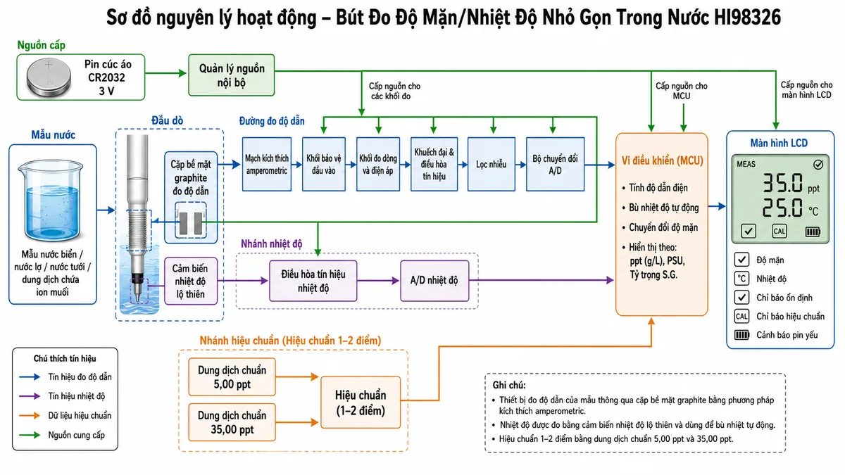 Vẽ sơ đồ nguyên lý hoạt động dạng khối của Bút Đo Độ Mặn/Nhiệt Độ Nhỏ Gọn Trong Nước Hanna HI98326, nền trắng, bố cục ngang, phong cách kỹ thuật đo lường và nhãn tiếng Việt; luồng chính bắt đầu từ mẫu nước biển, nước lợ, nước tưới hoặc dung dịch chứa các ion muối đi tới cặp bề mặt graphite của đầu dò; mạch kích thích amperometric tạo tín hiệu đo giữa hai bề mặt graphite, dòng dẫn ion đi qua khối bảo vệ đầu vào, khối đo dòng và điện áp, khuếch đại và điều hòa tín hiệu, lọc nhiễu, bộ chuyển đổi A/D rồi tới vi điều khiển; tại vi điều khiển thể hiện các bước tính độ dẫn điện, bù nhiệt độ và chuyển đổi độ mặn theo bảng/phương pháp đã lập trình thành ppt hoặc g/L, PSU và tỷ trọng S.G.; vẽ nhánh riêng từ cảm biến nhiệt độ lộ thiên qua điều hòa tín hiệu và A/D tới vi điều khiển để bù nhiệt tự động; bổ sung nhánh hiệu chuẩn từ dung dịch chuẩn 5,00 ppt và 35,00 ppt, nhánh nguồn từ pin CR2032 3 V qua quản lý nguồn, và đầu ra tới màn hình LCD hiển thị độ mặn, nhiệt độ, chỉ báo ổn định, hiệu chuẩn và pin yếu.