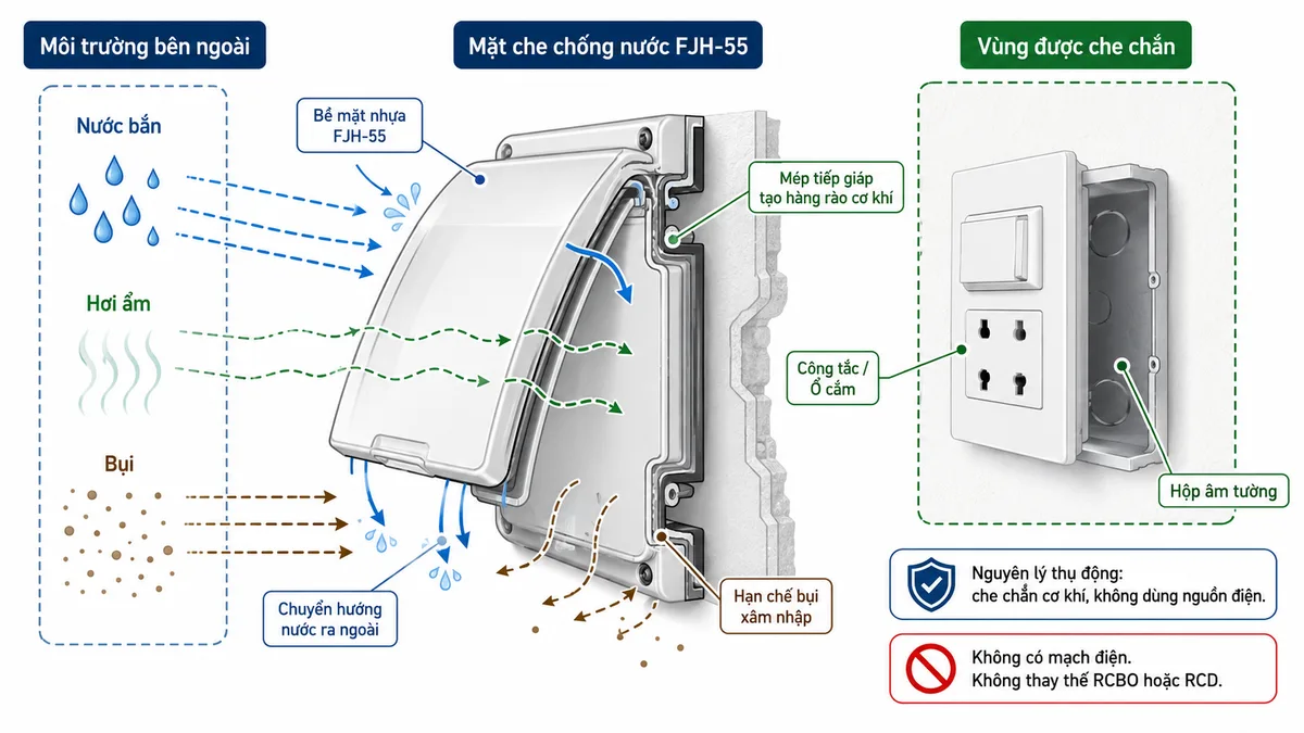 Sơ đồ nguyên lý hoạt động Mặt che chống nước ổ cắm, công tắc LONON FJH-55 trên nền trắng, bố cục ngang; thể hiện các khối môi trường có nước bắn, hơi ẩm và bụi đi đến bề mặt nhựa FJH-55; mặt che và mép tiếp giáp tạo hàng rào cơ khí, chuyển hướng nước ra ngoài; phía sau là vùng được che chắn chứa công tắc hoặc ổ cắm và hộp âm tường; dùng mũi tên mô tả luồng nước bị đổi hướng và bụi bị hạn chế xâm nhập; ghi rõ nguyên lý thụ động, không dùng nguồn điện, không có mạch điện, không thay thế RCBO hoặc RCD