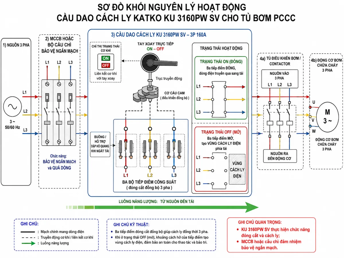 Vẽ sơ đồ khối nguyên lý hoạt động của Katko KU 3160PW SV trên nền trắng, bố cục ngang. Từ trái sang phải gồm nguồn ba pha L1-L2-L3, thiết bị bảo vệ ngắn mạch phía trước, ba đường dẫn điện đi vào cầu dao. Phía trên thể hiện tay xoay trực tiếp ON-OFF truyền lực qua trục và cơ cấu cam; cơ cấu cam điều khiển đồng bộ ba bộ tiếp điểm công suất của pha L1, L2 và L3. Ở trạng thái ON, ba tiếp điểm đóng và truyền điện đến tủ điều khiển hoặc động cơ bơm; ở trạng thái OFF, ba tiếp điểm mở tạo vùng cách ly điện phía tải. Thể hiện khối hỗ trợ dập hồ quang khi ngắt tải, chỉ thị trạng thái cơ khí và luồng năng lượng từ nguồn đến tải. Ghi chú thiết bị thực hiện đóng cắt và cách ly, còn MCCB hoặc cầu chì đảm nhiệm bảo vệ ngắn mạch.