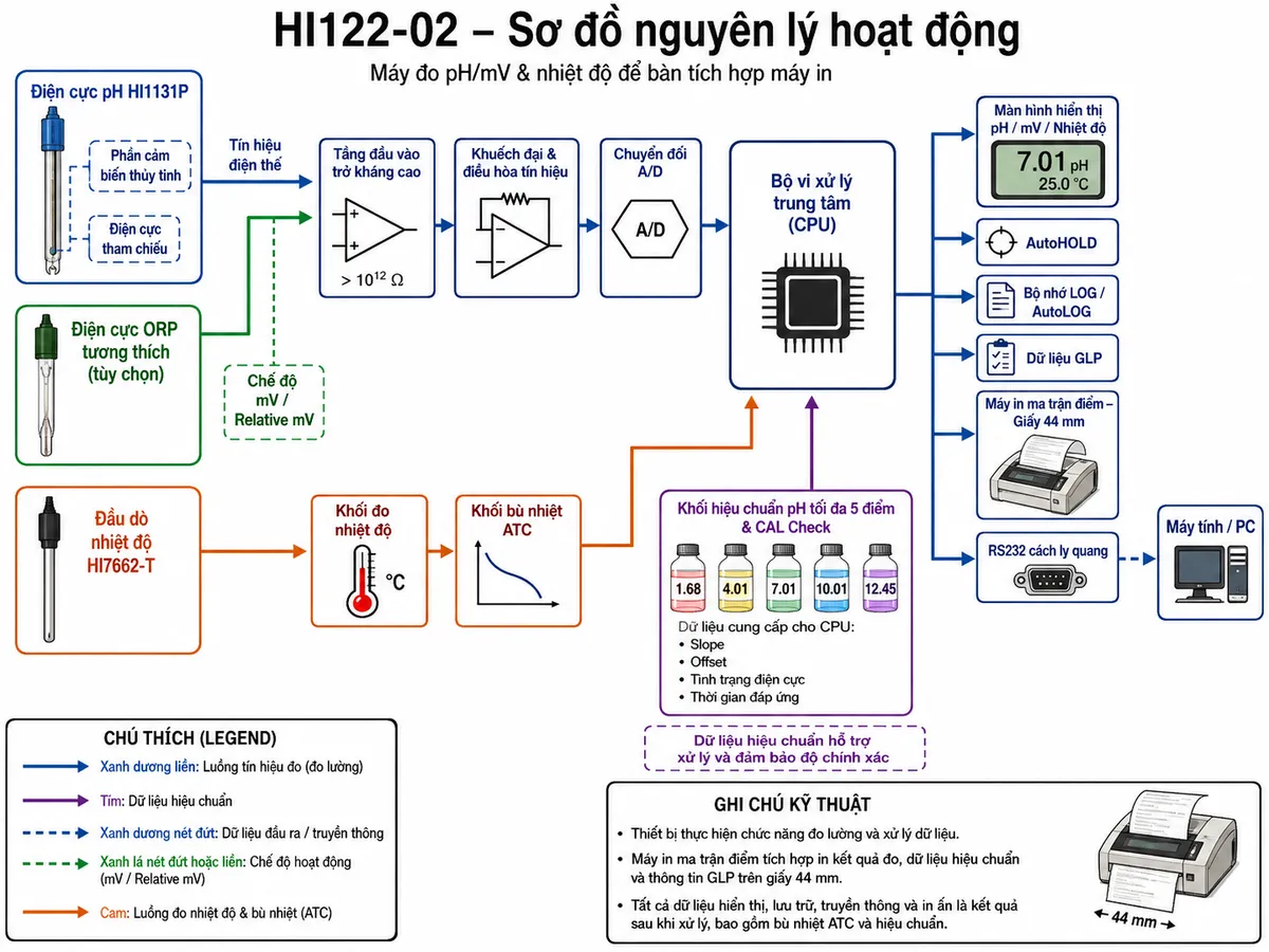Vẽ sơ đồ nguyên lý hoạt động của Hanna HI122-02 trên nền trắng: điện cực pH HI1131P gồm phần cảm biến thủy tinh và tham chiếu tạo tín hiệu điện thế → tầng đầu vào trở kháng cao → khuếch đại và điều hòa tín hiệu → chuyển đổi A/D → bộ vi xử lý trung tâm; đầu dò nhiệt độ HI7662-T → khối đo nhiệt độ → khối bù nhiệt ATC rồi đưa dữ liệu tới bộ xử lý; khối hiệu chuẩn pH tối đa 5 điểm và CAL Check cung cấp dữ liệu slope, offset, tình trạng điện cực và thời gian đáp ứng cho bộ xử lý; từ CPU chia thành màn hình pH/mV/nhiệt độ, AutoHOLD, bộ nhớ LOG/AutoLOG, dữ liệu GLP, máy in ma trận điểm 44 mm và giao tiếp RS232 cách ly quang tới PC. Thể hiện thêm nhánh chế độ mV/Relative mV và điện cực ORP tùy chọn; dùng mũi tên rõ ràng cho luồng tín hiệu đo → hiệu chuẩn/bù nhiệt → xử lý → hiển thị/lưu/in/truyền dữ liệu.