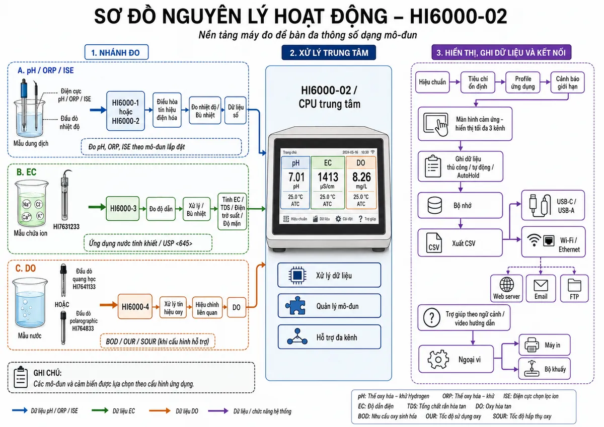 Vẽ sơ đồ nguyên lý hoạt động của Hanna HI6000-02 trên nền trắng, bố cục ngang với mẫu ở bên trái, ba nhánh đo tùy mô-đun và bộ xử lý trung tâm HI6000-02 ở giữa. Nhánh pH/ORP/ISE: mẫu → điện cực pH/ORP/ISE → mô-đun HI6000-1 hoặc HI6000-2 → điều hòa và xử lý tín hiệu điện hóa; đầu dò nhiệt độ → đo nhiệt độ/bù nhiệt → dữ liệu số. Nhánh EC: mẫu chứa ion → đầu dò HI7631233 → mô-đun HI6000-3 → đo độ dẫn và xử lý/bù nhiệt → tính EC, TDS, điện trở suất hoặc độ mặn; thể hiện nhánh ứng dụng nước tinh khiết/USP <645>. Nhánh DO: mẫu nước → đầu dò quang học HI7641133 hoặc polarographic HI764833 → mô-đun HI6000-4 → xử lý tín hiệu oxy và hiệu chỉnh liên quan → DO, đồng thời minh họa các ứng dụng BOD/OUR/SOUR khi cấu hình hỗ trợ. Ba luồng dữ liệu đi vào CPU HI6000-02 → hiệu chuẩn, tiêu chí ổn định, profile ứng dụng, cảnh báo giới hạn → màn hình cảm ứng hiển thị tối đa ba kênh → ghi dữ liệu thủ công/tự động/AutoHold → bộ nhớ → xuất CSV qua USB-C/USB-A hoặc chia sẻ qua Wi-Fi/Ethernet, web server, email, FTP. Thể hiện thêm trợ giúp theo ngữ cảnh/video hướng dẫn và kết nối máy in hoặc bộ khuấy ở nhánh ngoại vi.