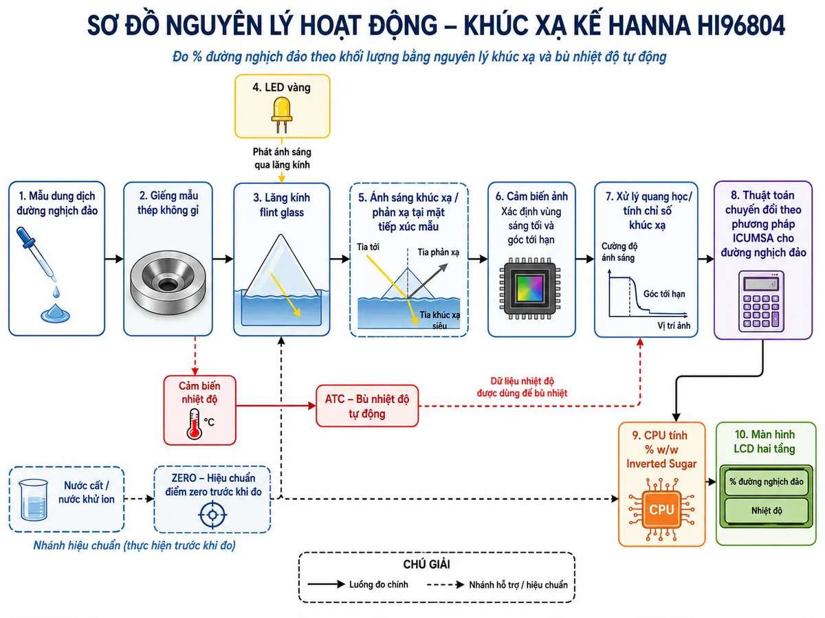 Sơ đồ nguyên lý hoạt động Hanna HI96804 dạng block diagram trên nền trắng: mẫu dung dịch đường nghịch đảo được nhỏ vào giếng mẫu thép không gỉ → tiếp xúc lăng kính flint glass → LED vàng phát ánh sáng qua lăng kính → ánh sáng khúc xạ/phản xạ tại mặt tiếp xúc mẫu → cảm biến ảnh xác định vùng sáng tối và góc tới hạn → khối xử lý tính chỉ số khúc xạ; nhánh cảm biến nhiệt độ đưa dữ liệu vào khối ATC bù nhiệt tự động → thuật toán chuyển đổi theo phương pháp ICUMSA dành cho đường nghịch đảo → CPU tính % w/w Inverted Sugar → màn hình LCD hai tầng hiển thị đồng thời % đường nghịch đảo và nhiệt độ. Thêm nhánh ZERO: nước cất/nước khử ion → hiệu chuẩn điểm zero trước khi đo.