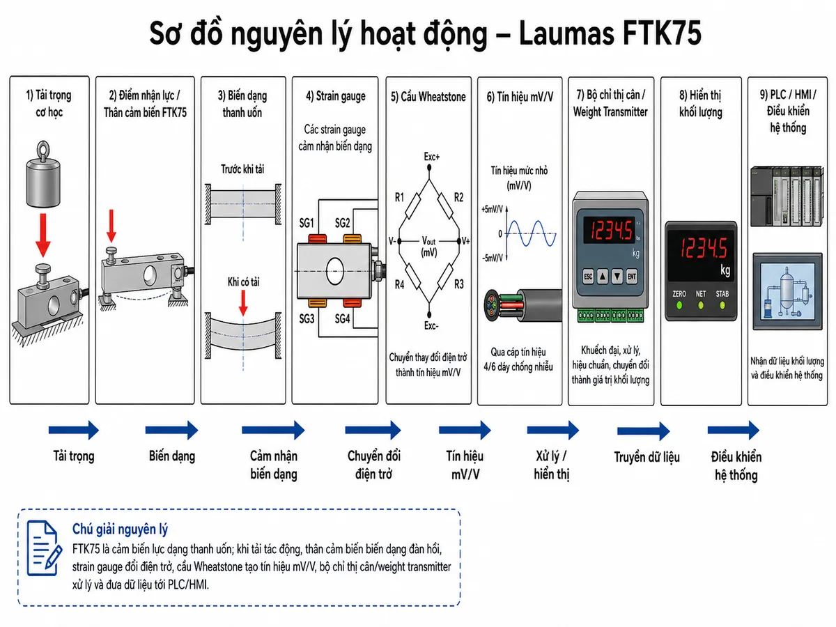 Sơ đồ nguyên lý hoạt động của Laumas FTK75 dạng khối chức năng, từ trái sang phải gồm tải trọng cơ học tác động xuống điểm nhận lực, thân cảm biến Bending Beam FTK75 bị uốn đàn hồi, các strain gauge cảm nhận biến dạng, cầu Wheatstone chuyển thay đổi điện trở thành tín hiệu mV/V, tín hiệu được truyền qua cáp tới weight transmitter hoặc bộ chỉ thị cân, sau đó chuyển thành giá trị khối lượng và truyền tới PLC/HMI. Dùng mũi tên rõ ràng thể hiện luồng Tải trọng → Biến dạng thanh uốn → Strain gauge → Cầu đo → Tín hiệu mV/V → Xử lý/hiển thị → Điều khiển hệ thống.