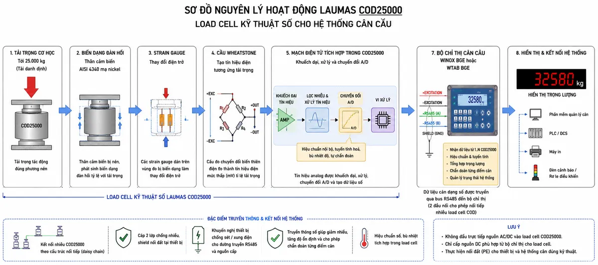 Sơ đồ nguyên lý hoạt động Laumas COD25000 dạng khối chức năng từ trái sang phải trên nền trắng: tải trọng cơ học tới 25.000 kg tác động đúng phương nén lên load cell dạng cột COD25000 → thân cảm biến AISI 4340 mạ nickel phát sinh biến dạng đàn hồi → strain gauge thay đổi điện trở → cầu Wheatstone tạo tín hiệu điện tương ứng tải trọng → mạch điện tử tích hợp trong COD25000 khuếch đại/xử lý và chuyển đổi A/D → dữ liệu trọng lượng kỹ thuật số truyền qua RS485 → bộ chỉ thị cân cầu WINOX BGE hoặc WTAB BGE nhận dữ liệu từ một hoặc nhiều COD → hiệu chuẩn, tổng hợp và chẩn đoán từng điểm cân → hiển thị trọng lượng và cung cấp dữ liệu cho hệ thống quản lý cân/thiết bị ngoại vi; dùng mũi tên rõ ràng thể hiện luồng Tải trọng → Biến dạng → Strain gauge → Chuyển đổi số → RS485 → Giá trị cân.