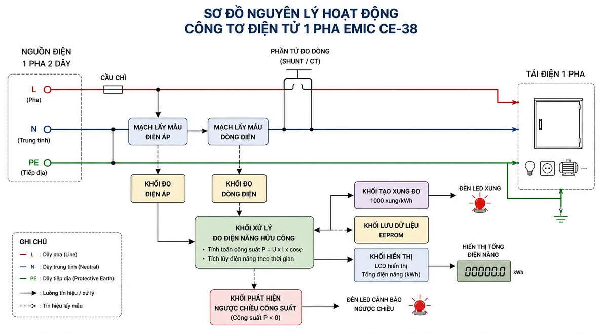 Sơ đồ nguyên lý hoạt động của công tơ điện tử 1 pha EMIC CE-38 dạng khối nền trắng: nguồn và tải 1 pha đi qua khối lấy mẫu điện áp và dòng điện; tín hiệu từ khối đo điện áp và khối đo dòng điện đi vào khối xử lý đo điện năng hữu công; từ khối xử lý có luồng sang khối tạo xung đo 1000 xung/kWh, khối lưu dữ liệu EEPROM và khối hiển thị tổng điện năng; bổ sung nhánh phát hiện ngược chiều công suất nối tới LED cảnh báo; dùng mũi tên rõ ràng để thể hiện luồng tín hiệu và quá trình từ điện áp/dòng điện đến tính toán, lưu trữ và hiển thị điện năng