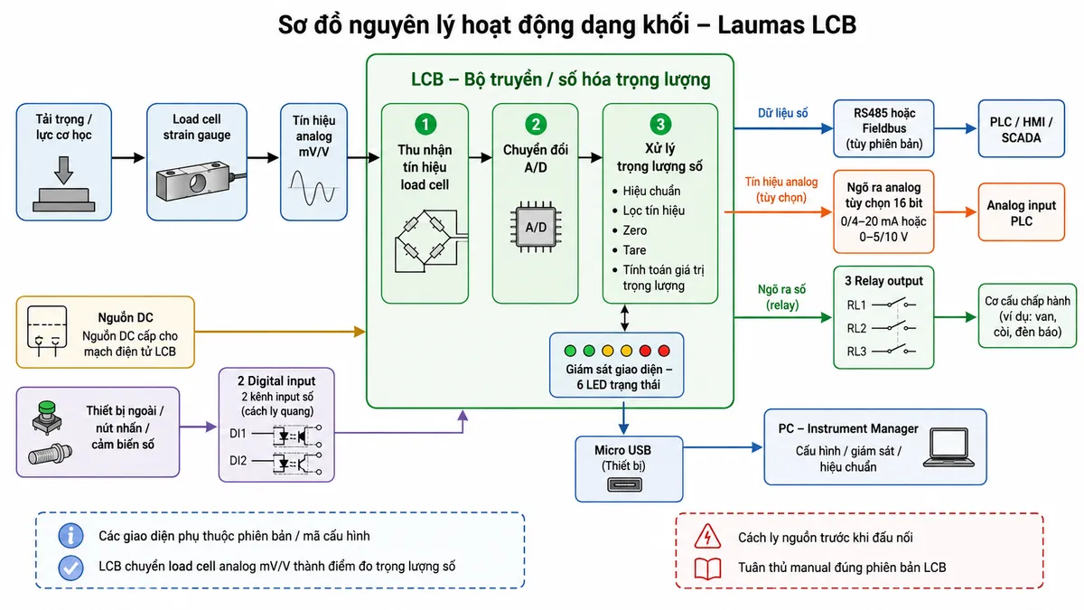 Vẽ sơ đồ nguyên lý hoạt động dạng khối cho LCB | Bộ truyền/số hóa trọng lượng cho cảm biến lực Laumas LCB trên nền trắng, bố cục ngang. Bắt đầu từ khối Tải trọng/lực cơ học tác động lên Load cell strain gauge; load cell biến đổi lực thành tín hiệu analog mV/V; tín hiệu đi vào khối Thu nhận tín hiệu load cell của LCB, sau đó qua khối Chuyển đổi A/D và khối Xử lý trọng lượng số. Trong khối xử lý thể hiện các chức năng hiệu chuẩn, lọc tín hiệu, zero, tare và tính toán giá trị trọng lượng. Bổ sung khối giám sát giao diện với 6 LED trạng thái. Từ bộ xử lý chia các nhánh: dữ liệu số qua RS485 hoặc fieldbus tới PLC/HMI/SCADA; ngõ ra analog tùy chọn 16 bit 0/4–20 mA hoặc 0–5/10 V tới analog input PLC; 3 relay output tới cơ cấu chấp hành; 2 digital input nhận lệnh từ thiết bị ngoài; Micro USB kết nối PC chạy Instrument Manager để cấu hình, giám sát và hiệu chuẩn. Vẽ riêng khối nguồn DC cấp cho mạch điện tử LCB. Ghi chú các giao diện phụ thuộc phiên bản/mã cấu hình và LCB chuyển load cell analog mV/V thành điểm đo trọng lượng số.