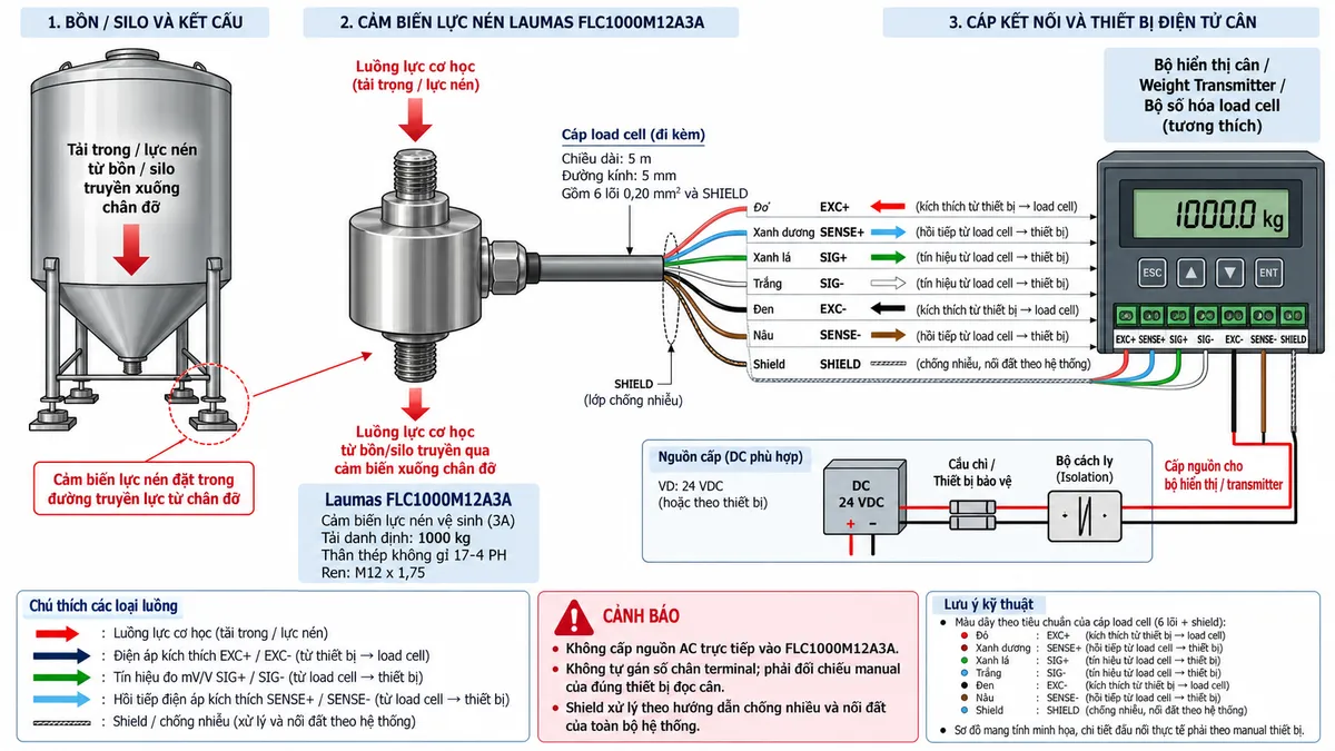 Vẽ sơ đồ nguyên lý hoạt động dạng khối cho Laumas FLC1000M12A3A trên nền trắng, bố cục ngang. Bắt đầu từ bồn, silo hoặc kết cấu cần cân tạo lực nén lên load cell FLC 3A tải danh định 1000 kg. Bên trong cảm biến thể hiện phần tử đàn hồi thép không gỉ 17-4 PH và bốn strain gauge mắc thành cầu Wheatstone. Từ bộ hiển thị cân hoặc weight transmitter vẽ EXC+/EXC- cấp điện áp kích thích vào cầu đo và SENSE+/SENSE- hồi tiếp điện áp kích thích thực tế về thiết bị đọc. Khi lực nén tác động, phần tử đàn hồi biến dạng làm điện trở strain gauge thay đổi và tạo tín hiệu vi sai SIG+/SIG- dạng mV/V. Tín hiệu tiếp tục qua khuếch đại và lọc, chuyển đổi A/D, hiệu chuẩn, Zero/Tare, tính toán trọng lượng rồi tới màn hình hiển thị. Nếu bộ điện tử cân hỗ trợ giao tiếp công nghiệp thì thêm nhánh dữ liệu số sau xử lý tới PLC/HMI/SCADA. Phân biệt rõ luồng lực nén cơ học, điện áp kích thích, hồi tiếp sense, tín hiệu đo mV/V và dữ liệu số sau xử lý.